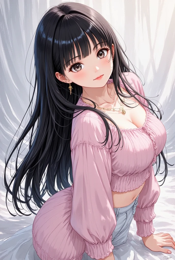 Highest quality、Beautiful adult woman、Female university student、((Blue hanging eyes))、Bluish black hair、Wavy curly long hair、Down Bangs、(Clothed Big Tits)、White short puff sleeve blouse、(((Pink nails)))、(smile、Pink sexy lips、Earrings、necklace、Long skirt)