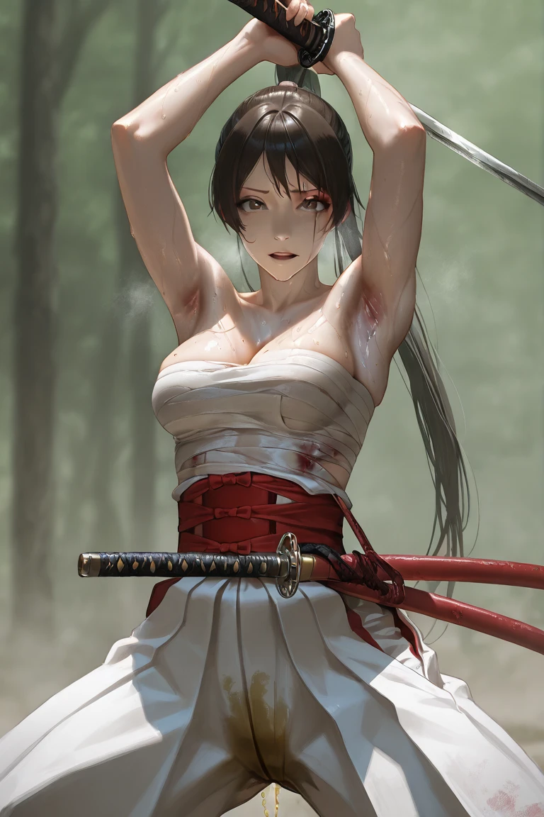 最high quality、best image quality、8K,4K,masterpiece、(NSFW:1.4)、Super detailed beautiful face、beautiful、超high quality、like a demon、cool、((smaller breasts:1.4、narrow cleavage, Blood in the chest:1.4), Full of wounds:1.1), Blood everywhere, (Blood on clothes:1.1), blood pool, (Covered with blood:1.3))、with a girl(((18-year-old、A bloodstained white cloth was wrapped around his chest....:1.5、Defeat a samurai zombie with a Japanese sword:1.5、White loincloth with blood on the waist:1.5、ponytail:1.5、dark brown hair:1.3、Torn Hakama:1.2、Equip a Japanese sword sheath on your waist:1.4、Disturbed armor:1.2、blood on the mouth:1.4、Putting out fangs:1.5、He holds a detailed Japanese sword in his right hand:1.5、In his left hand he holds a detailed Japanese sword....:1.5、Hold the Japanese sword vertically with your right hand....:1.5、Beautiful red eyes that shed blood:1.4、erotic:1.4、happiness、tattoo)))、high quality、visual art、With background((neon, night:1.3、temple background:1.3、Horde of samurai zombies:1.3))、cowboy shot