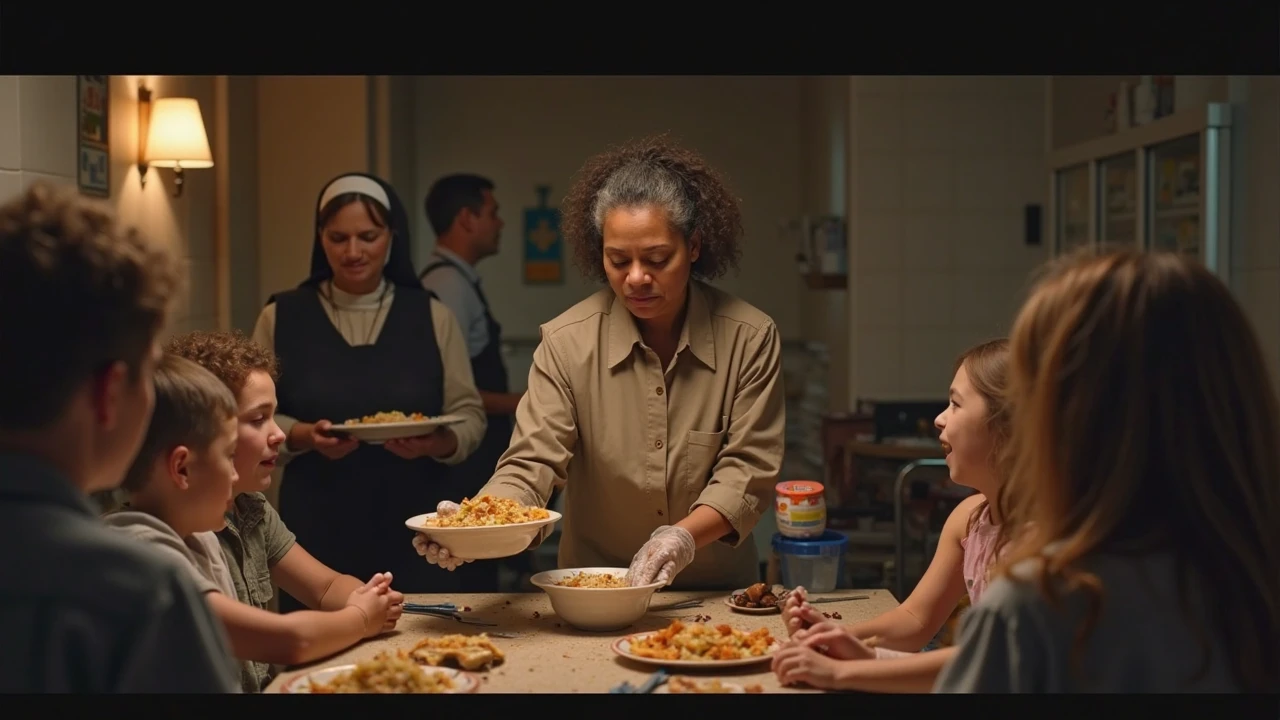 70 year old nun, black, short stature, wearing glasses and wearing a neck brace. She is dressed in a white habit and black shoes. She is distributing meals to the homeless.