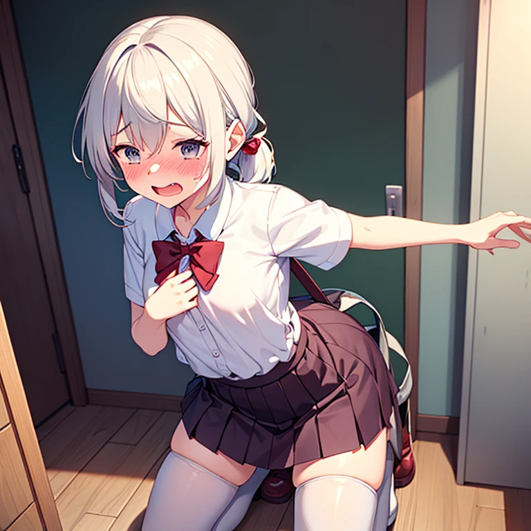 Young girl with grey hair, ((fringed and curly hair)),((curly short twintail)), (red eyes),, ((small bushy eyebrows)), wearing gothic ta clothing, loli, walking to school, bored look, bored face, , lifting her skirt to show her vagina wet with semen, having sex