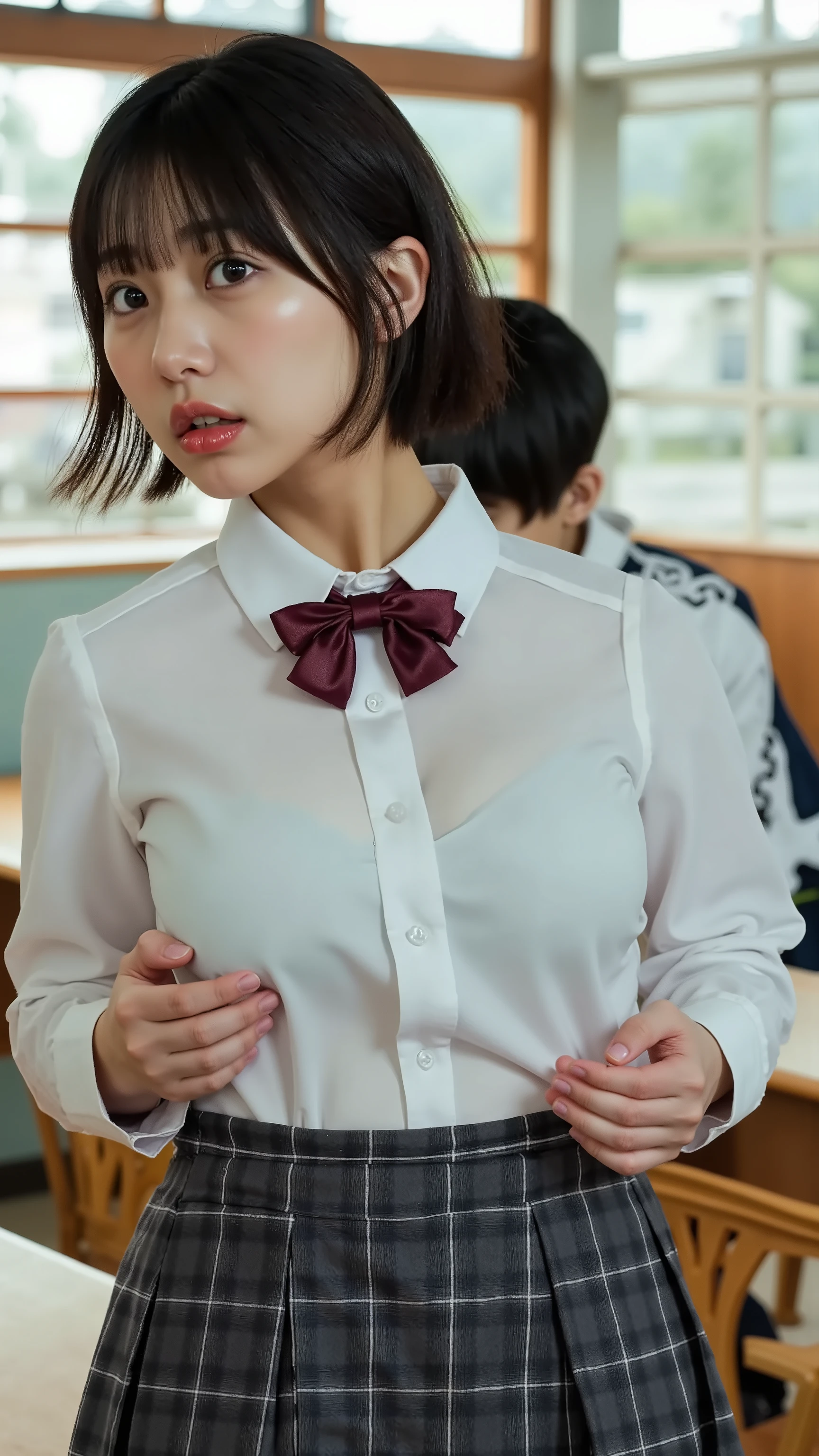 A high resolution photograph of a young beautiful Japanese woman being molested standing inside the classroom.
She wears a school uniform complete with white collared shirt, school bowtie and plaid pleated skirt. She puts her arms behind her head. She has snow-like skin, petite body, huge breasts and emphasized breasts bulge. She has bob cut glossy black hair.
(A young boy in a tracksuit holds her from behind and grabs her breasts with both hands. The boy's face is invisible:2.99).
She looks surprised expression in sexual behavior.
The focus is on her face.
This image depicts detailed face, detailed eyes, sophisticated nose, detailed hands, detailed fingers and anatomically correct proportion.
The amazing quality, extreme details, intricate details, sharp focus, rich contrast and realistic use of professional lighting techniques make this photograph a masterpiece.