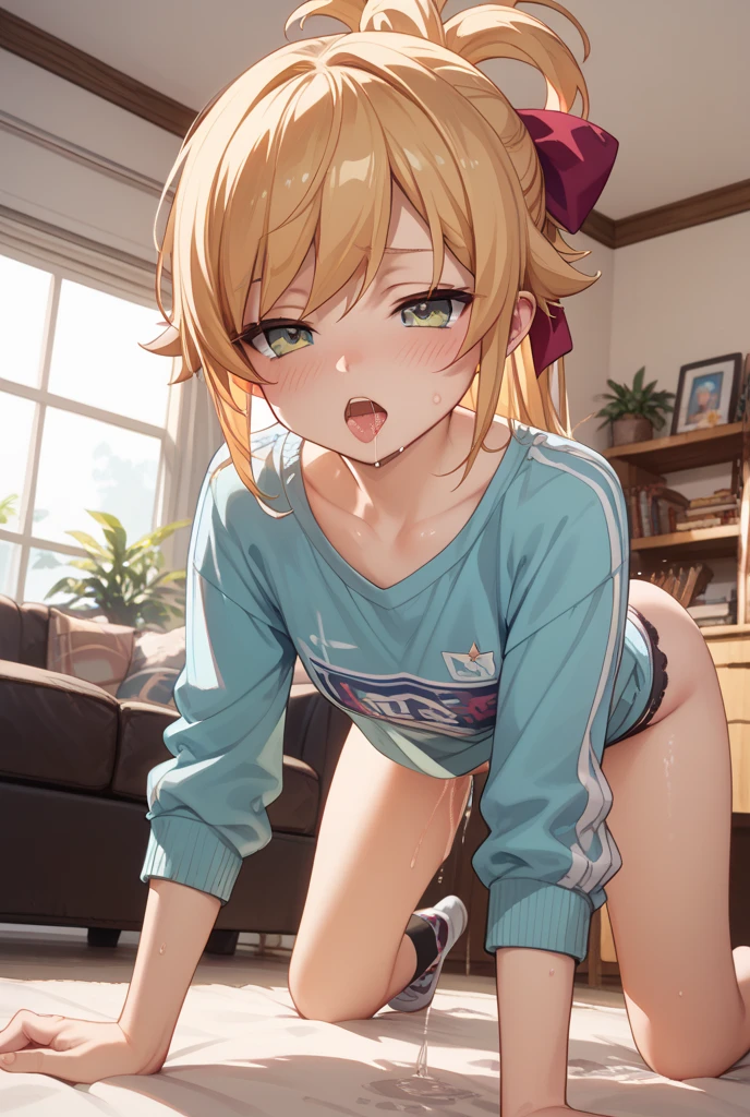 Highest quality,Highest quality,One girl,Multiple Boys,(((()))), surrounded by boys,Flat Chest,orgasm,blush, Sweat, Sakurai Momoka,Blonde,White Sarah Outfit,Navy Blue Skirt, Not a pleated skirt,whole body,Dark Classroom, Grey pantyhose、Flipping up a navy blue skirt、Spread your legs