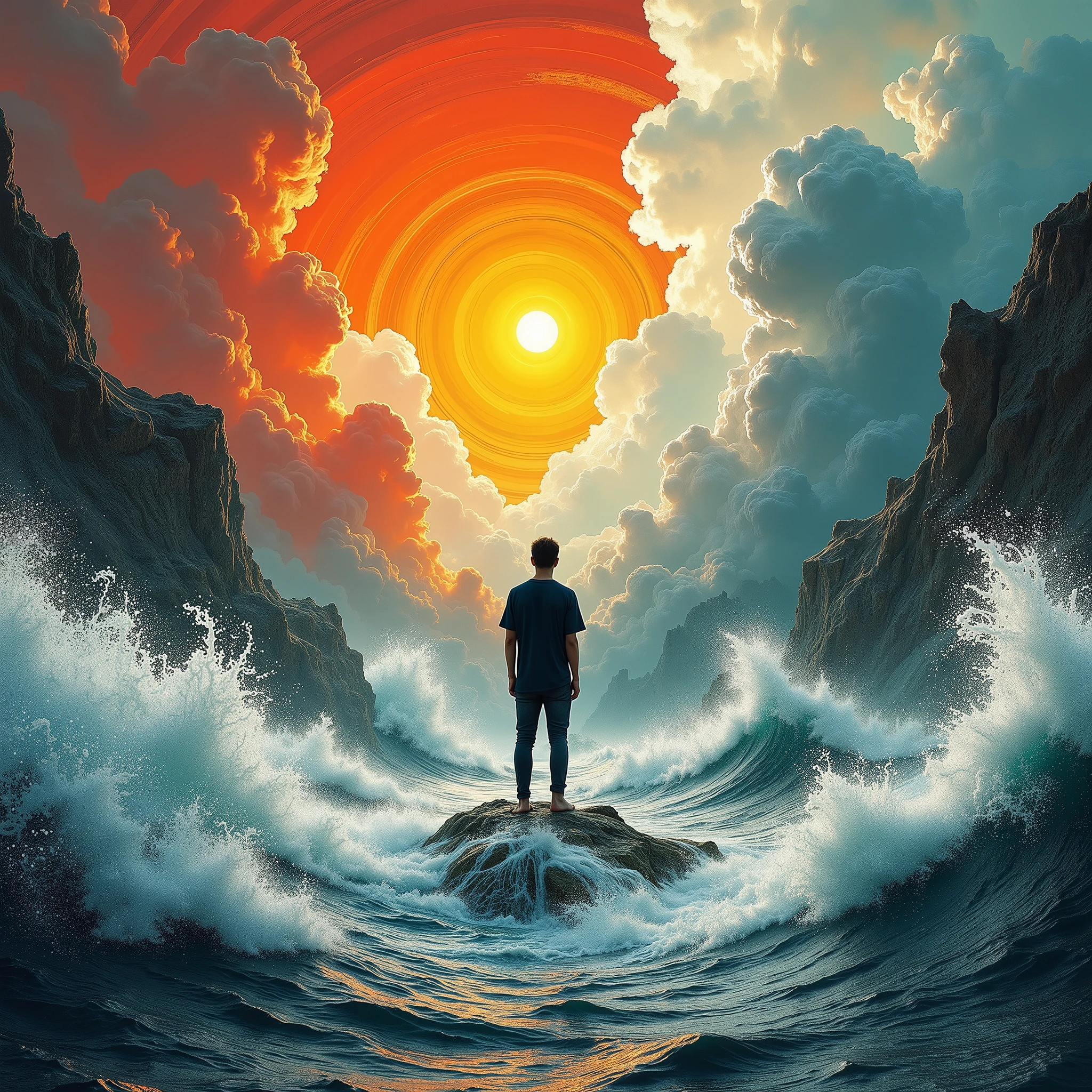 Bauhaus style art that combines all art forms, a person standing on the raging waves, ultra detailed, absolutely resolution, masterpiece