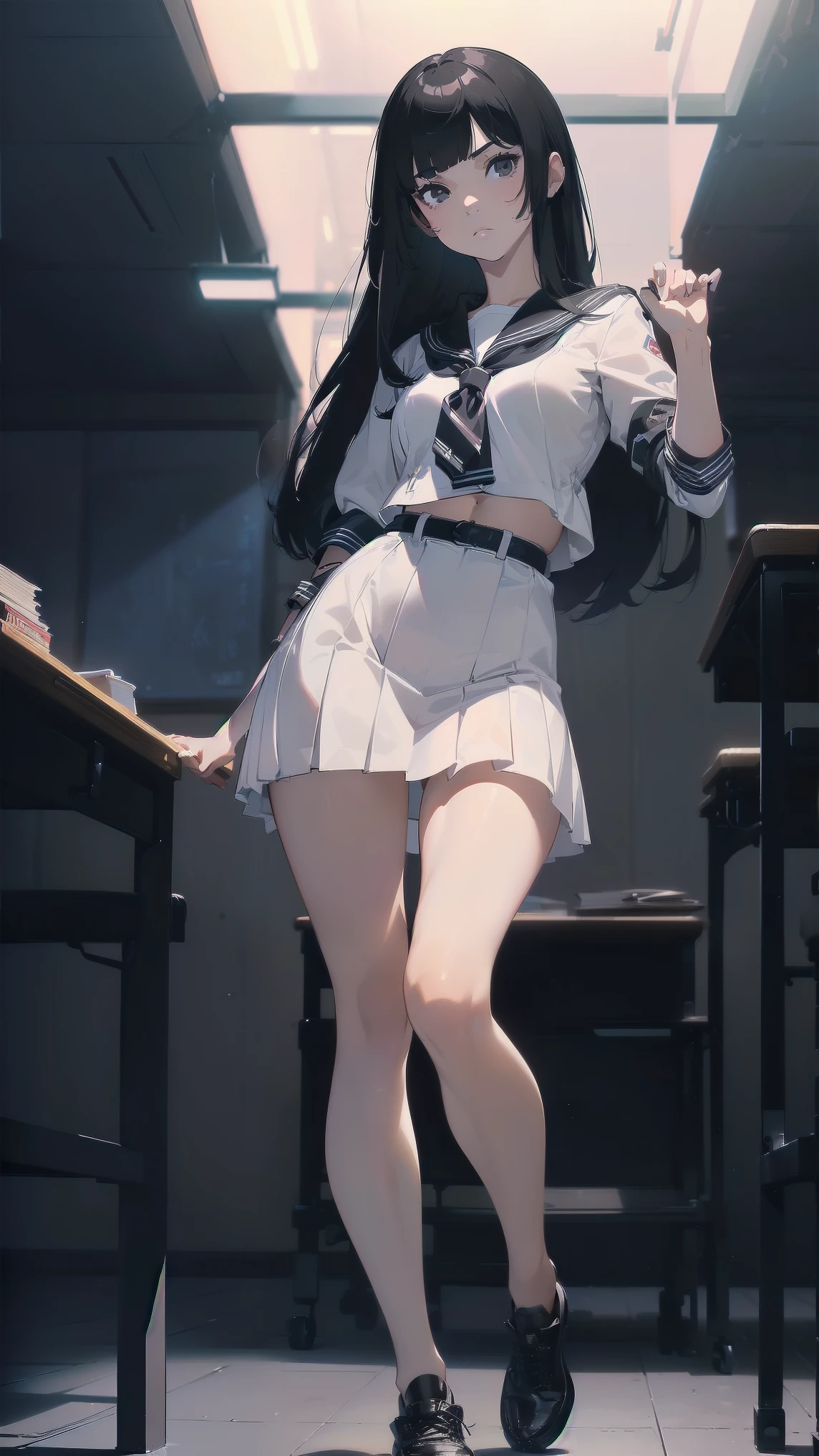 masterpiece, best quality, 1girl, solo, (Ilya Kuvshinov hairstyle), (sailor school uniform), ((top quality, ultra-detailed)), ((high resolution, extremely detailed CG, unity 8k wallpaper, by famous artist, perfect anatomy, super detailed skin, cinematic lighting, UHD, retina, anatomically correct, 1080P)), (Please draw a single one rude girl walking in a classroom school :1.3), ((1girl)), (Solo, face,:2.0), a high school student, ((full black hair)) ((long bob hairstyle)) ((blunt short bangs)) ((micro bangs with long hair)), ((long hair, straight hair fallen down and still hair)) Full limbs, complete fingers, ((perfect fingers, perfect arms)), ((detailed face)) ((gothic, intimidating girl, sadic face)), medium chest, medium butt, Beautiful detailed full black eyes, ((black eyes)) perfect eyes, (Detailed Lighting), (Detailed background), ((in the school zone)), full body view, standing, single girl (one girl), ((full body view)) ((Background is the school)), ((front body)), ((full body)) ((standing)) ((detailed perfect face)) ((classroom))
