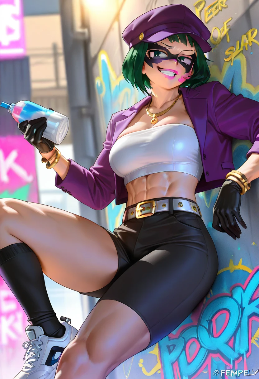 (solo:1.1),(masterpiece), (best quality:1.3), highly detailed, intricate, professional art, digital art, absurdres, emerald sustrai, 1girl, solo, dark skin, green hair, bob hair, (full body 1:1), gold hoop earrings, red eyes, (dark skin:1.4), white shorts, brown leggings, unzipped pants, undone pants, unbuttoned pants, high heels, green tube top, arm gloves, evil smirk, high heels, small breasts, (aroused:1.2), (futanari:1.1), large penis, thick penis, veiny penis, huge testicles, wide hips, (black makeup:1.1), Black lipstick, beestung lips, pubic hair, penis coming through unbuttoned pants, both hands on penis, BREAK indoors, hotel lobby, minimal lighting, sitting with legs spread, public indecency, BREAK frontal view, BREAK