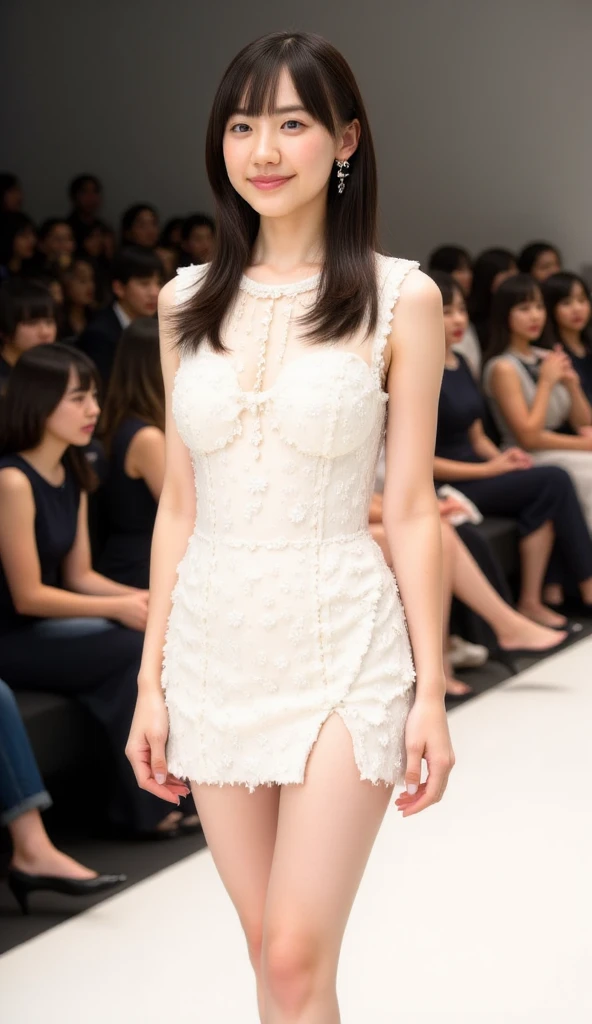 (masterpiece), (best quality), (Extremely detailed),(Messy hair),(illustration), (1 Girl), (Fashion), permanent, fashion model, Looking at the audience, (interview:1.3), Beautiful and delicate eyes, Delicate and beautiful face, Perfect body，dress，Long legs，((Modern style fashion:1.2))，((Pantyhose))，High heel，Very detailed details，Stand on the catwalk