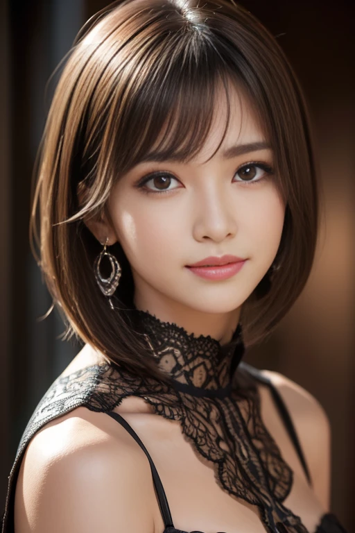 table top, highest quality, realistic, Super detailed, finely, High resolution, 8k wallpaper, 1 beautiful woman,, Light brown shorthair, wearing a business suit, sharp focus, perfect dynamic composition, beautiful and detailed eyes, thin hair, Detailed realistic skin texture, smile, close-up portrait, model body shape,cleavage