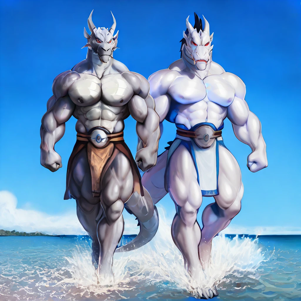 duo: polar well built polar bear by rossciaco behind dragon rear view, ( blue eyes dragon , dark blue violet and azure scales and white belly, yellow crest hair , well built , profile, fulfilled face, kemono , high quality , merging skin ) , full body view , feet