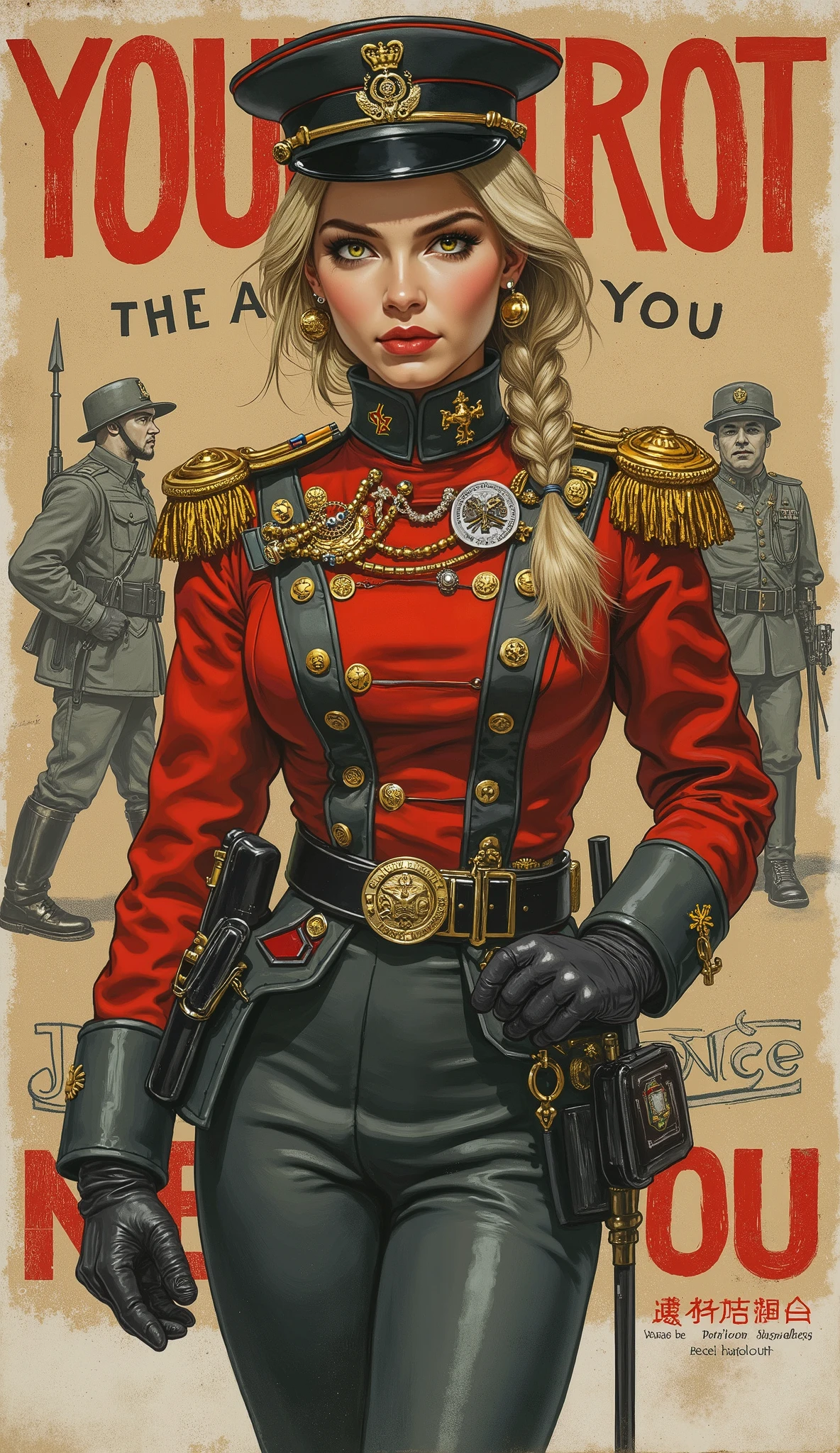 Detailed proportions and textures and multi-color with airbrushed brush strokes that presents a semi-realistic illustration in Chinese A beautiful and strong young woman in a steampunk and epic fantasy style military uniform where black-gray tones predominate, mixed with bright colors (full body, with a confident and daring stance, playful look, bright yellow-gold eyes, defined eyebrows, long eyelashes, perfect face, full lips, round and huge breasts, flat stomach, wide hips, thin waist, thick thighs), Her long, straight blonde hair is tied into a (long) braid that falls down her back. Her uniform consists of a red, grey and white shirt beautifully decorated with military orders, decorations and medals, a tight, high-waisted, knee-length pencil skirt and an officer's beret decorated with a military police badge. In the background there is a recruitment poster for the army, with large letters (in red) "YOUR PATRIOT THE ARMY NEEDS YOU" and with the image of two soldiers, a woman and a man, all in the style of First World War. The composition, halfway between vintage and Cybermpunk, of the overall image is a clean, sharp and high-quality masterpiece. very balanced saturation in the color palettes very defined (Color with monochorome intense shaded tones and shine, tone red 25% + yellow 25% + blue 25% + biofluorescent 12.5%+ transparencias 12.5%. Aesthetic fusion by (Fibonacci ratio. A poupée realiste of a young military girl. of a young military girl (Including a variety of pink skin and dark-beige tones that give it contrast and shine) character type. Fluid texture that gives the sensation of movement to the Thin, fine of leaves that moulds to the figure (her clothes with relief and folds give volume and depth to the character) style. Haute couture photoshoot (in high quality of full body). Sharp Highly Detailed Soft Focus, Approaching Perfection, Full HD 8K. High and Low Angles. of Coco Chanel, Gianni Versace, Alberto Vargas, Greg Rutkowsk art style fusion.