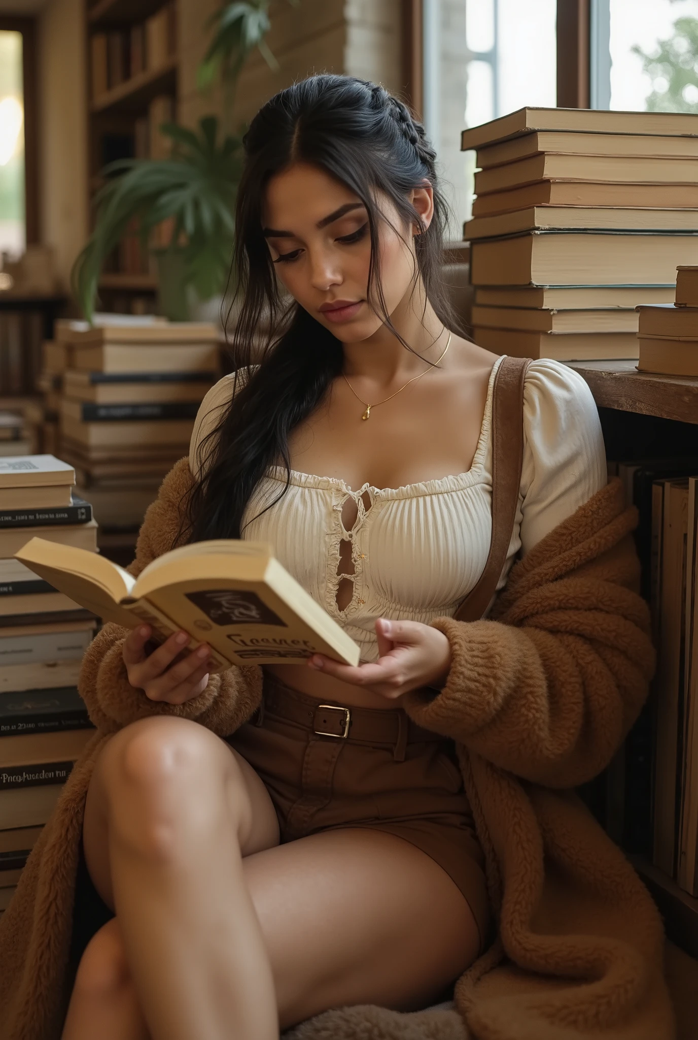 [Indoor portrait in a warm, vintage-style local bookstore | Natural golden light streams through tall old windows, casting soft glows and gentle shadows across the scene | The air feels still and nostalgic, filled with the quiet presence of stories and dust motes dancing in the sunlight]

[The model, a stunning young Latina woman with long dark brunette hair, wears her hair styled in a loose, slightly tousled braid that drapes gently over one shoulder | Soft tendrils of hair frame her face, giving her a poetic, effortlessly elegant look]

[She’s dressed in a timeless autumn-inspired outfit: a crisp ivory blouse with subtle ruffles, tucked into a high-waisted chocolate brown mini skirt with wide suspenders and a statement belt | Draped over her shoulders is a long, cozy brown coat that adds texture and warmth to her silhouette | Delicate gold jewelry glints subtly at her neck and wrist]

[She is seated casually by a tall stack of weathered books, absorbed in reading a small paperback titled DREAMER | One leg crossed over the other, posture relaxed yet poised, she’s entirely immersed in the moment — surrounded by the smell of old paper and whispers of untold stories]

[Her expression is soft, thoughtful, lips parted slightly in quiet focus as she reads | The environment is filled with rows of leaning shelves, stacks of mismatched novels, and warm muted colors — a perfect setting for a dreamy, romantic, bookish aesthetic]

[Aesthetic: vintage academia, cozy intellectual chic, fall palette, poetic solitude, soft romantic lighting, quiet self-reflection]