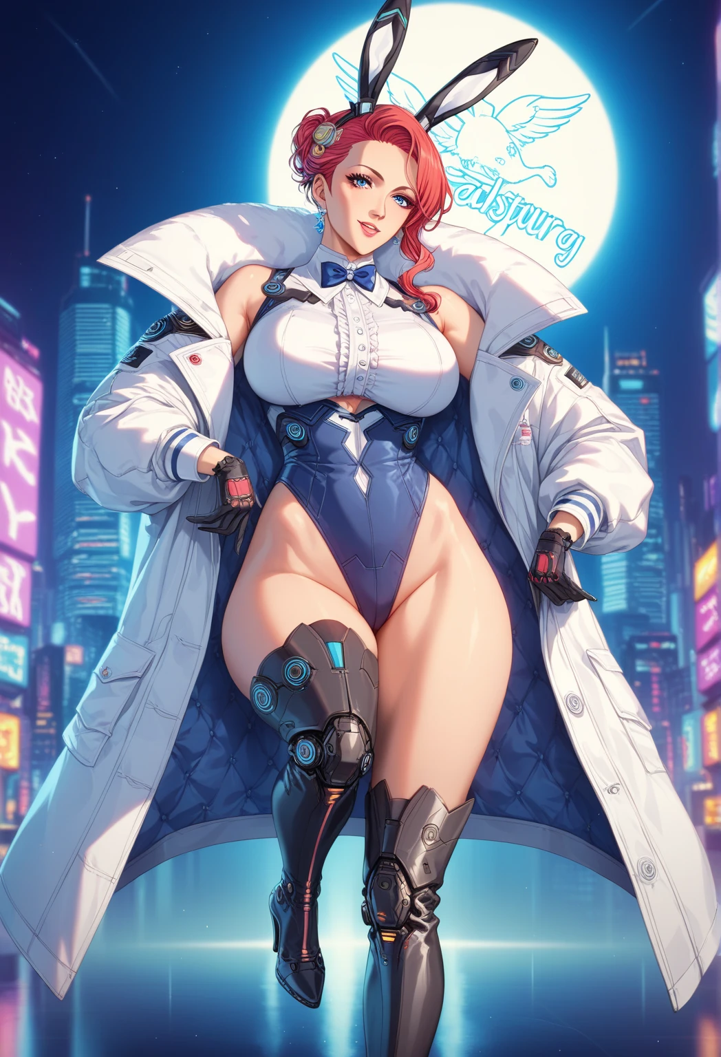 mature female, mature, Adult, onepieceuta, uta, long hair, (purple eyes:1.1), white hair, red hair, multicolored hair, (hair over one eye:1.5), two-tone hair, split-color hair, hair rings, sidelocks, Villain, seductive smile, evil grin, headphones, aroused, in heat, nsfw, nude, steam, breath, sweat, drooling, Open coat, octopus-shaped Nipple cover, trench coat, chest, View your audience, Night town, City, skyscraper, Night, Dark, dramatic angle, unique perspective, unique angle, masterpiece, Top animation quality,Top image quality,