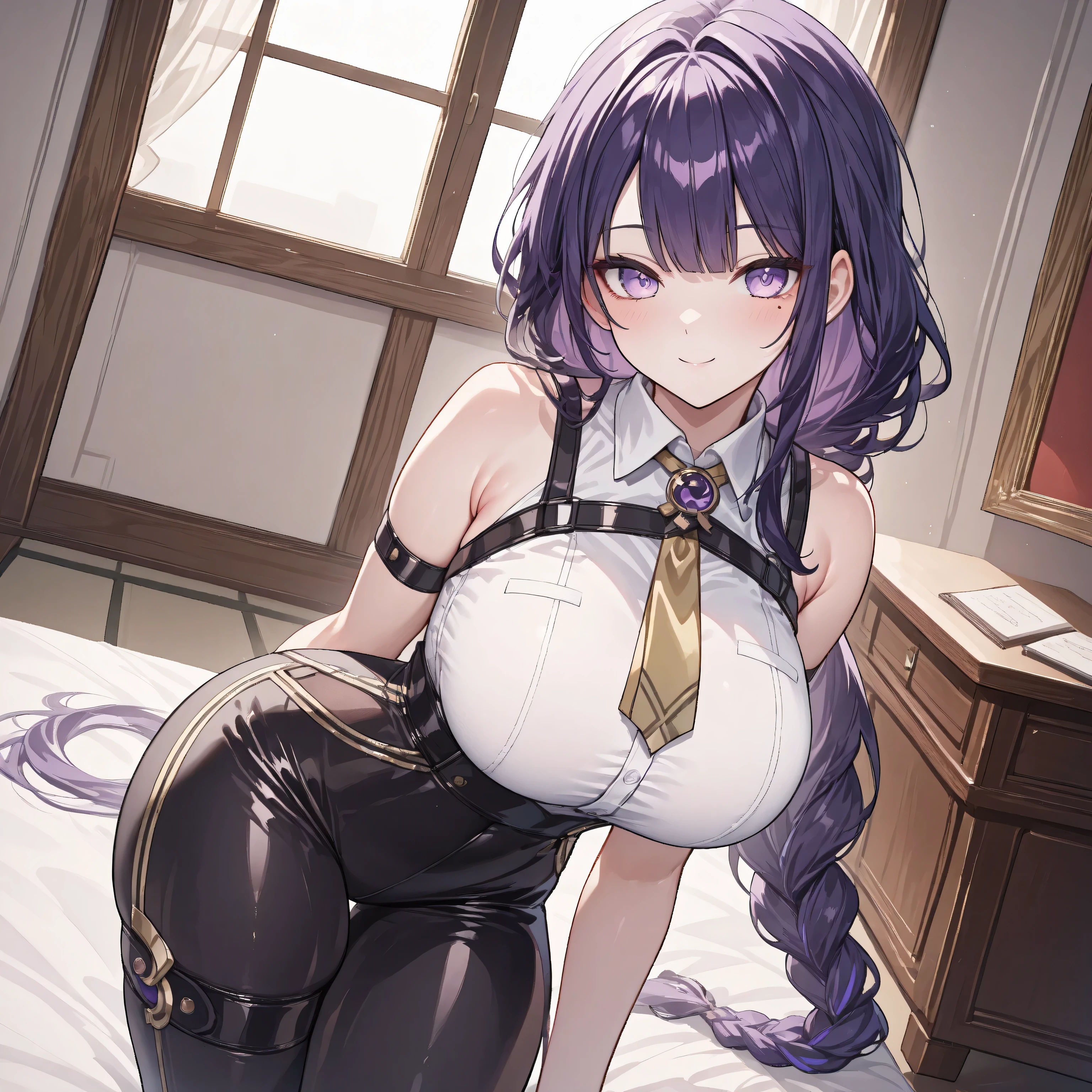 masterpiece, high quality, top quality, very aesthetic, absurd, raiden shogun, wearing evelyn costume, braid, braided ponytail, long hair, one mole, one mole under eye, purple eyes, purple hair, collared shirt , white shirt , bare shoulders , purple jewelry , yellow tie, long black high waist pants , arm straps , chest straps , thigh straps , bare shoulders, beautiful purple eyes, long purple hair, very big breasts, sexy pose, solo woman, anatomical details, drawstring, beautiful purple eyes, purple hair, smile, sexy, indoor, best quality, good eye, solo woman, sit, at bedroom , cool bedroom, look a viewer, plump thighs, perfect background, Oppai / Large breasts slim body, seductive pose, only one woman, perfect big thighs, side,4k resolution,