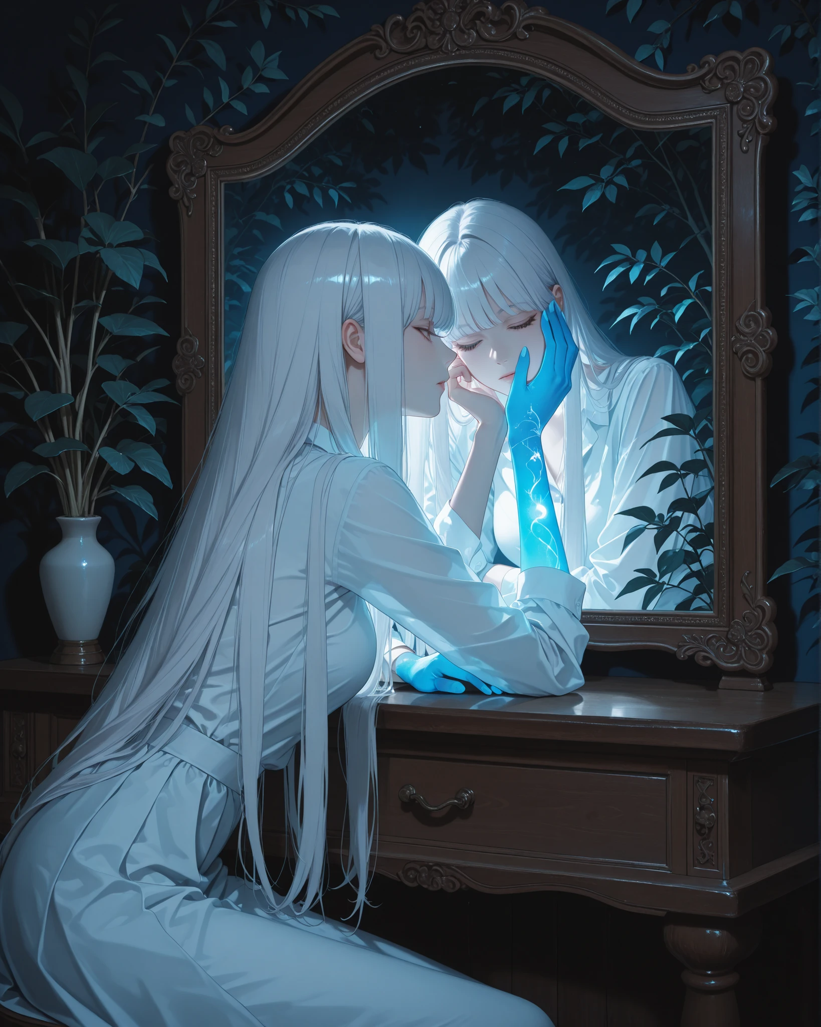 long straight platinum hair, bangs, sitting and leaning on a wooden vanity, pose with arm resting on the table and hand near the face, looking contemplatively towards the mirror, side profile, glowing smooth skin, indoor environment, dim blue lighting creating a mysterious atmosphere, soft shadows, detailed foliage reflection in the background, still photography, focused on the subject with reflections enhancing the depth, no visible clothing or accessories.