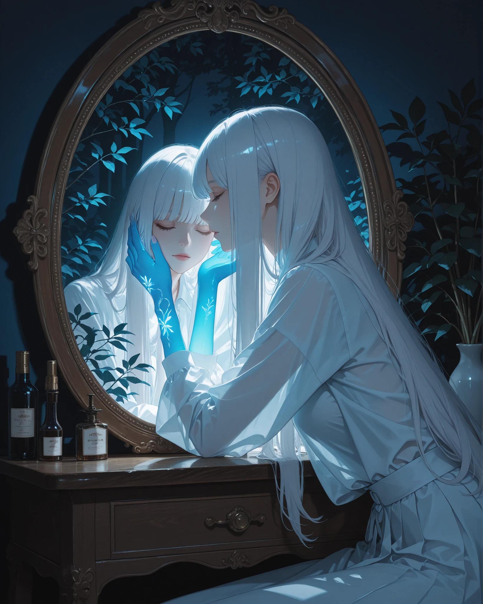 long straight platinum hair, bangs, sitting and leaning on a wooden vanity, pose with arm resting on the table and hand near the face, looking contemplatively towards the mirror, side profile, glowing smooth skin, indoor environment, dim blue lighting creating a mysterious atmosphere, soft shadows, detailed foliage reflection in the background, still photography, focused on the subject with reflections enhancing the depth, no visible clothing or accessories.