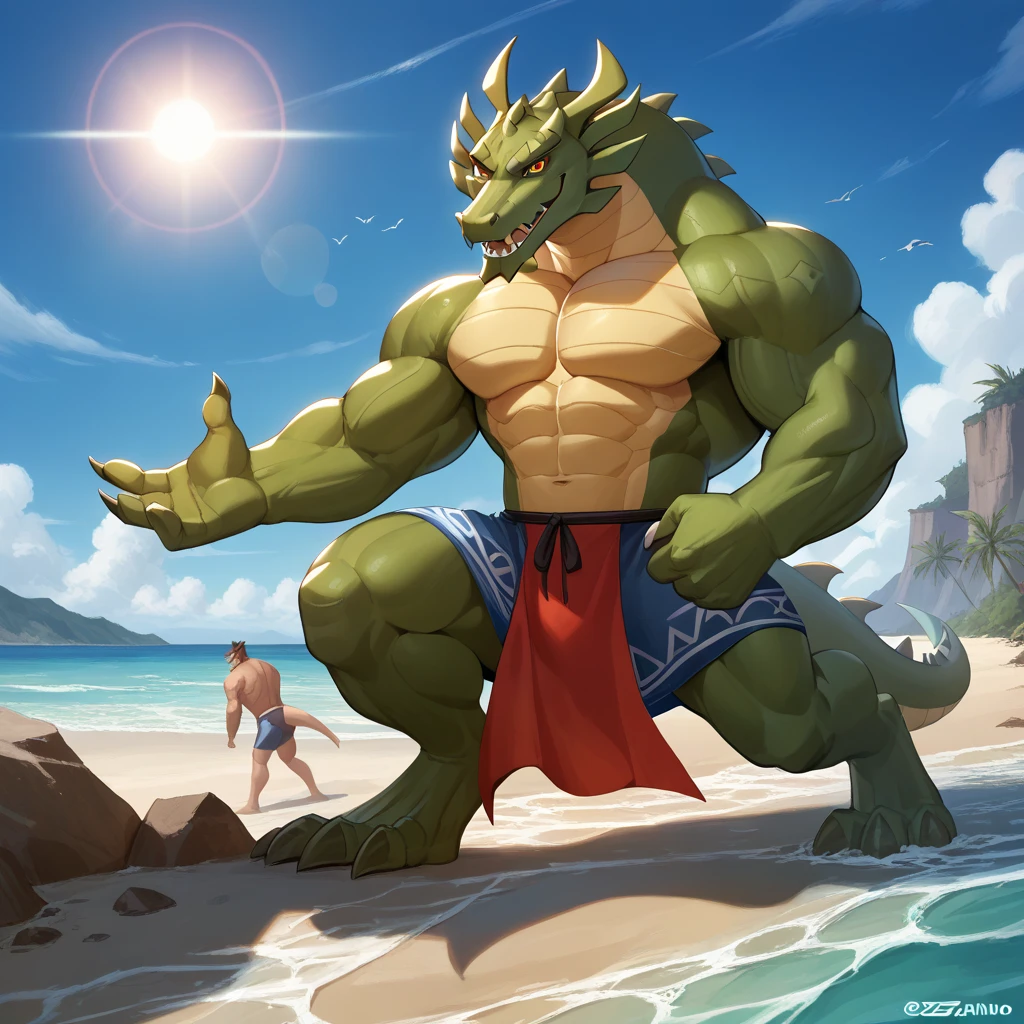 a red dragon、Great muscles、crocodile-like face、all fours pose、Sweating profusely、big eyes of green color、、The bikini、Angle from below、thick tail、Lots of black pubic hair、lots of black chest hair、Massive amount of axillary hair,、thick and large horns、the beach