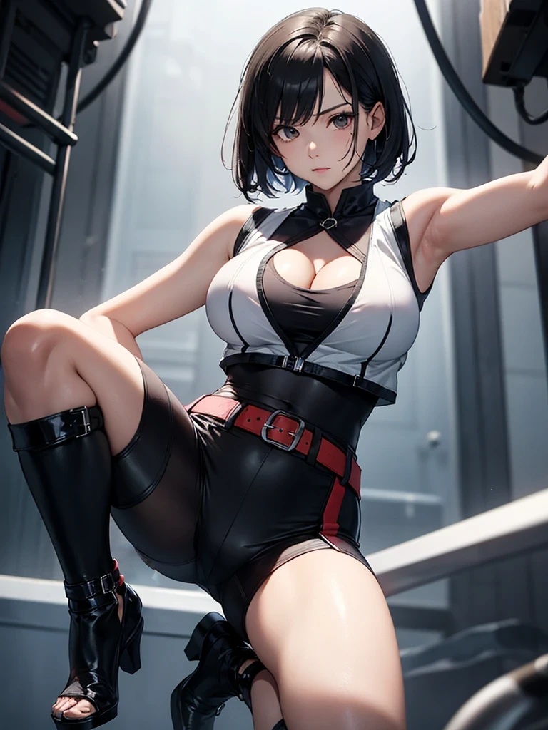 1girl, (solo:1.4), sitting, legs up, very very long hair, detailed hair, high ponytail, (white sleeveless leotard:1.2), high open funnel storm collar, side cutout, cleavage, (sideboob:1.2), detailed face, (looking at viewer:1.2), thigh, light particles, best quality, (masterpiece:1.2), ultra-high resolution, (realistic:1.3), futuristic elegance, clear focus, gentle lighting, vivid colors, full body, medium wide shot, (, cute:1.3), (breasts:1.2),