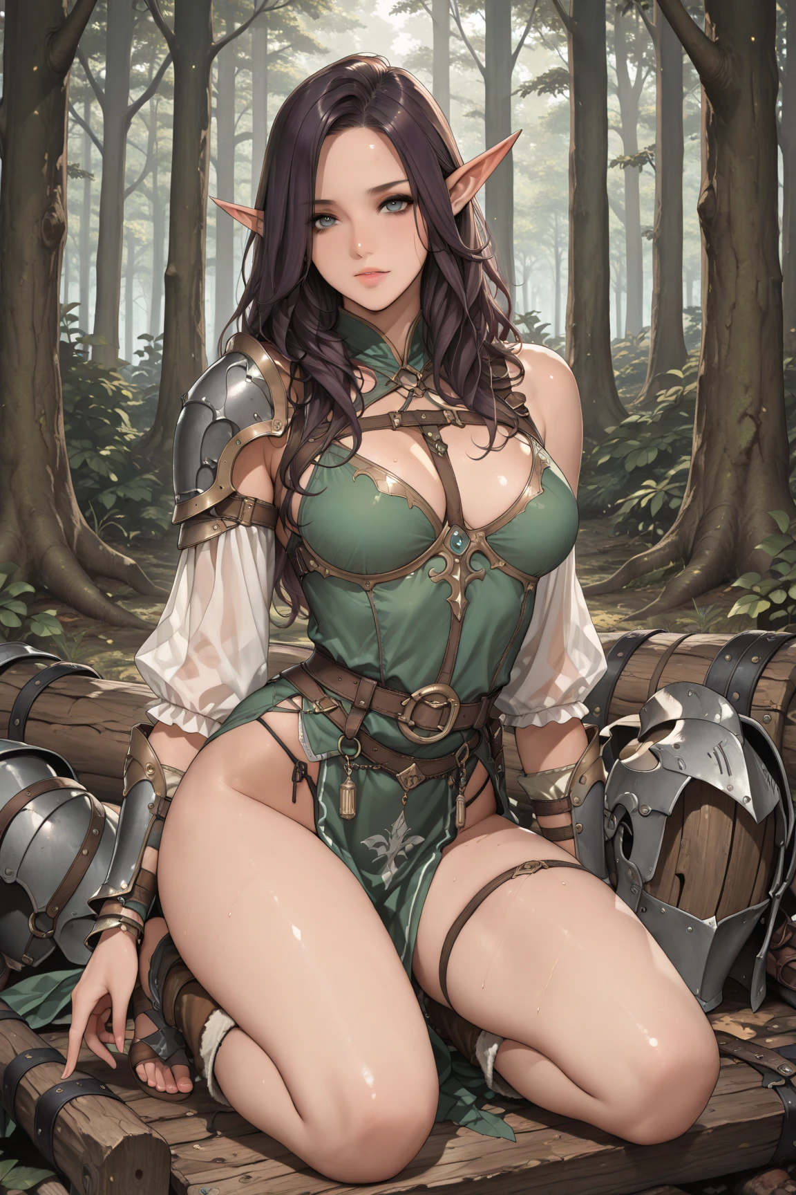 brunette warrior, wavy hair, armor, medieval fantasy, D&d, RPG, ultra realistic, ultra detailed, best quality, 8k, wallpaper, steel breastplate, steel boots, steel gauntlets, steel gloves, back, raised ass, skirt lifted, back view, looking back, green skirt, tiny panties, tight panties, white panties, panty view, upskirt, thong, cameltoe,  pantyshot, RAW,