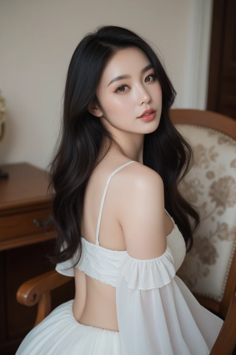 wearing Chinese clothes、Chinese clothes with open chest、Wearing Chinese clothes without a bra、Nothing is worn inside、A woman with the same face as last time(misaki),4K、1people's women、slender、 Loose wavy styling 、full body shot、seductive and attractive,Including face and skin texture,detailed eyes、a seductive look