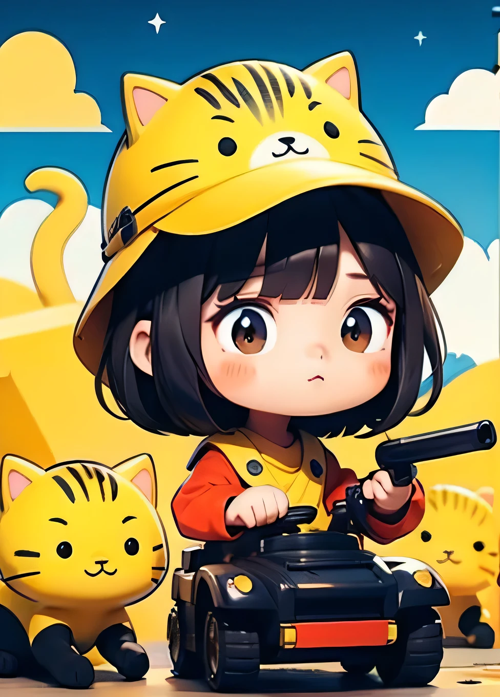 cute comic, 1 magica holding weapon, motor vehicle, tank, cat, hat, yellow, bangs, no nose, blush, cloud, sky