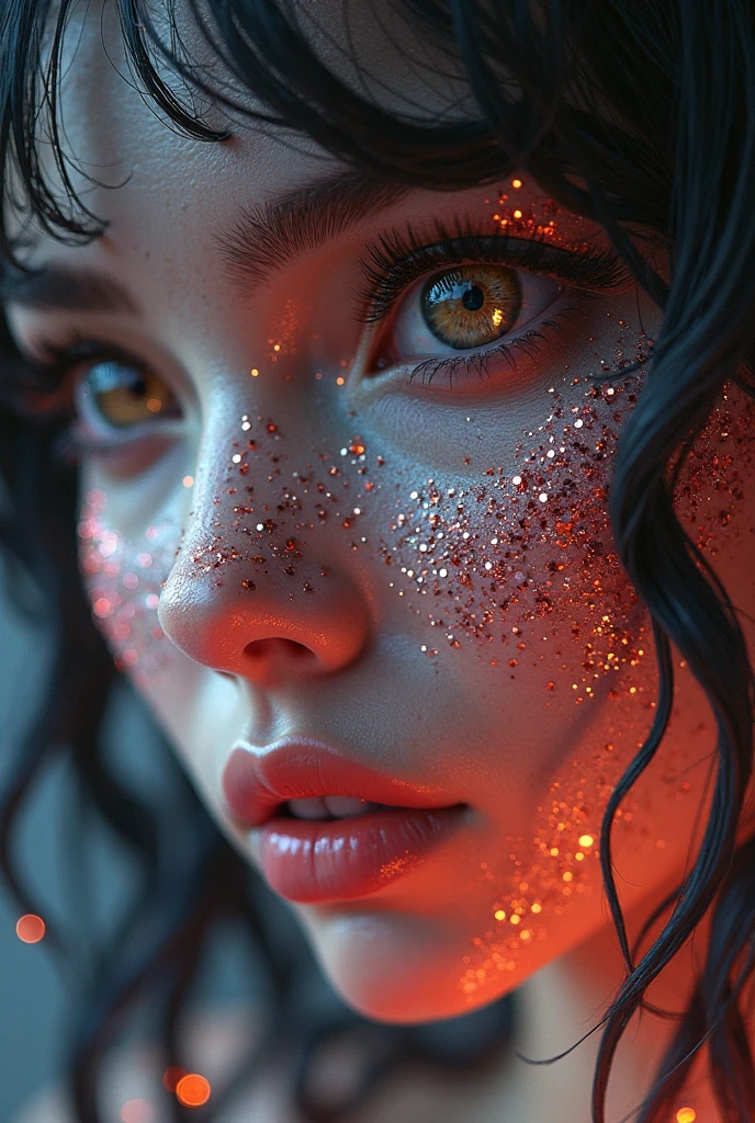 beard_newG is a woman, (Close-up of a better masterpiece:1.5)0.9], (Space and astronauts:1.2) (messy black hair:1.1) Brazilian indigenous woman, typical indigenous clothing, red body paint on eyes, (Xanthochromia heterochromia and blue eyes:1.2) (space helmet:1.0) (colorful stars in the eyes:1.0) (A radiant glow:1.1) (thick lips:0.9),  (beard_newG)