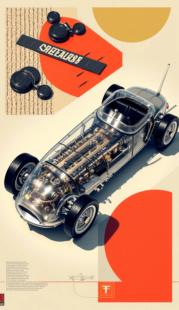 art deco style illustrations, 
Bauhaus style, industrial design, flat color, 2D, 
- split view (close-up angle and worm's eye viewpoint and top view),
multiple angle, 
Geometric patterns, primary colors, pure colors, straight lines, sharp patterns, 
Streamlined patterns, honeycomb textures, architectural sketch lines, simple lines, 
- Classic cars with clear bodies, clear parts, transparent materials, 
Car interiors, illustrations of car Clear body classic car, clear parts, transparent material, internal structure of car, illustration of inside of car, gears, electric circuit, hydraulic pipes, 