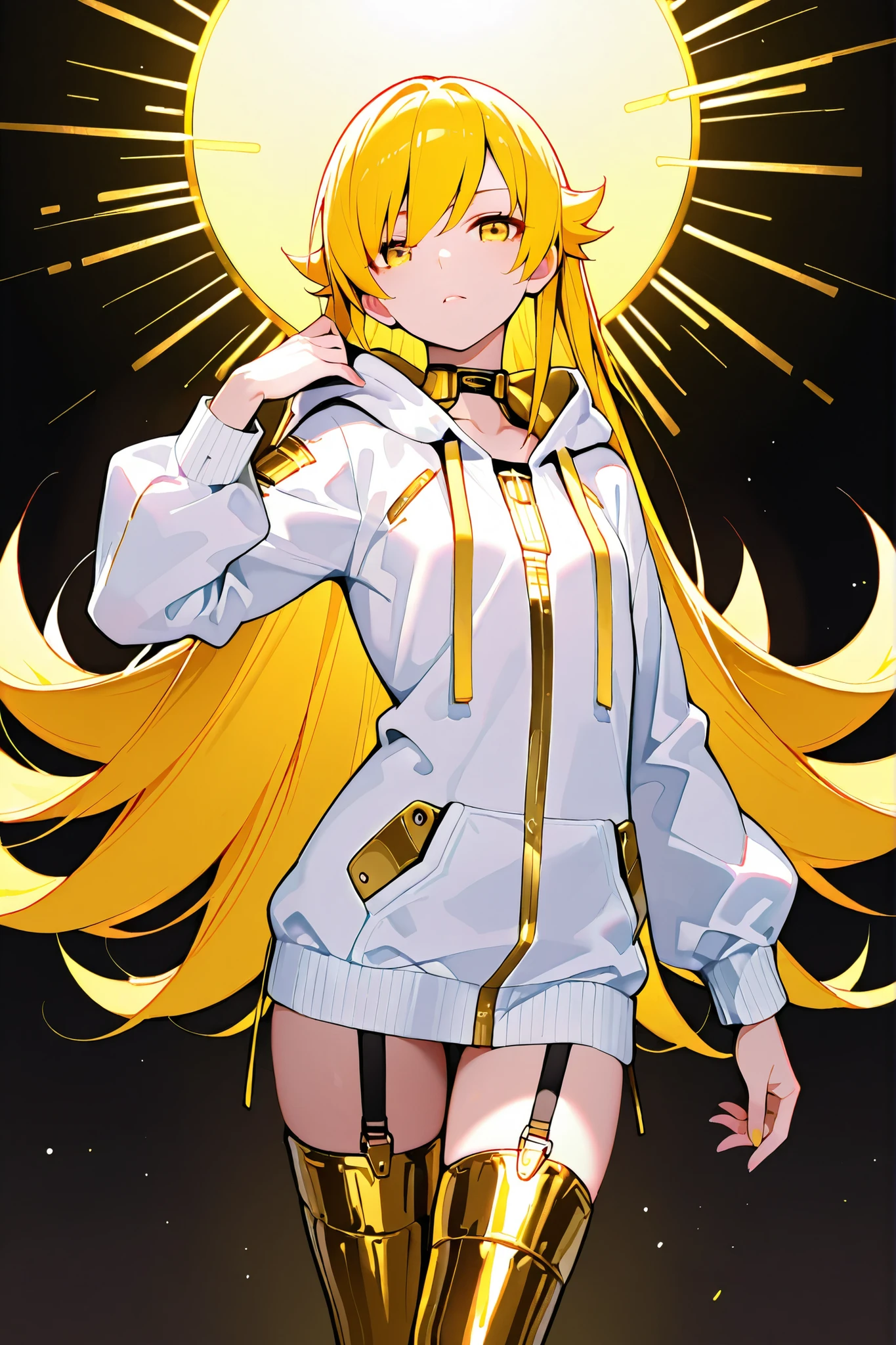 Anime, Girl, (((1girl))), (((Waifu, Oshino Shinobu Waifu))), (((Vivid Yellow Hair, Long Hair))), ((Golden Yellow Eyes eyes, Detailed Eyes)), (Detailed Body, Detailed Face, Slim Face), Human Ears, Dramatic Pose, [(((Gold and White Color Scheme))), Garterbelt, Thigh-high boots, Long-Sleeved Hoodie, Techwear, Aura of Golden Light], (masterpiece:1.2), (best quality:1.2), (very aesthetic:1.2), (absurdres:1.2), (detailed background), newest, intricate details,