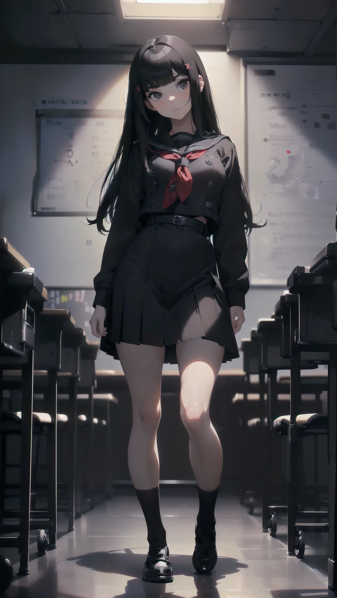 masterpiece, best quality, 1girl, solo, (Ilya Kuvshinov hairstyle), (sailor school uniform), ((top quality, ultra-detailed)), ((high resolution, extremely detailed CG, unity 8k wallpaper, by famous artist, perfect anatomy, super detailed skin, cinematic lighting, UHD, retina, anatomically correct, 1080P)), (Please draw a single one rude girl walking in a classroom school :1.3), ((1girl)), (Solo, face,:2.0), a high school student, ((full black hair)) ((long bob hairstyle)) ((blunt short bangs)) ((micro bangs with long hair)), ((long hair, straight hair fallen down and still hair)) Full limbs, complete fingers, ((perfect fingers, perfect arms)), ((detailed face)) ((gothic, intimidating girl, sadic face)), medium chest, medium butt, Beautiful detailed full black eyes, ((black eyes)) perfect eyes, (Detailed Lighting), (Detailed background), ((in the school zone)), full body view, standing, single girl (one girl), ((full body view)) ((Background is the school)), ((front body)), ((full body)) ((standing)) ((detailed perfect face)) ((classroom))