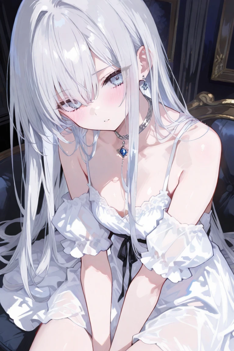 ,A short silver-white shoulder-length hair,blue color eyes,Silver-haired little loli in a black off-the-shoulder slip dress,face expressionless