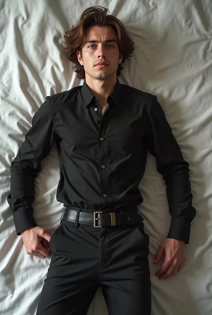 (photorealism:1.2), Harry Styles, 20 years, short curly hair with bangs, black clothes, lying on a bed, showing abdomen