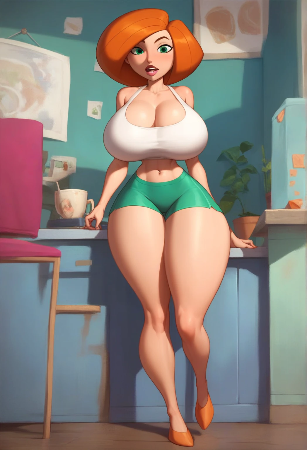 beautiful woman , 21 years old , very beautiful, blue eyes, curly brown hair, huge breasts, low cut blouse and tight green pants, thick legs, big ass, big , nsfw