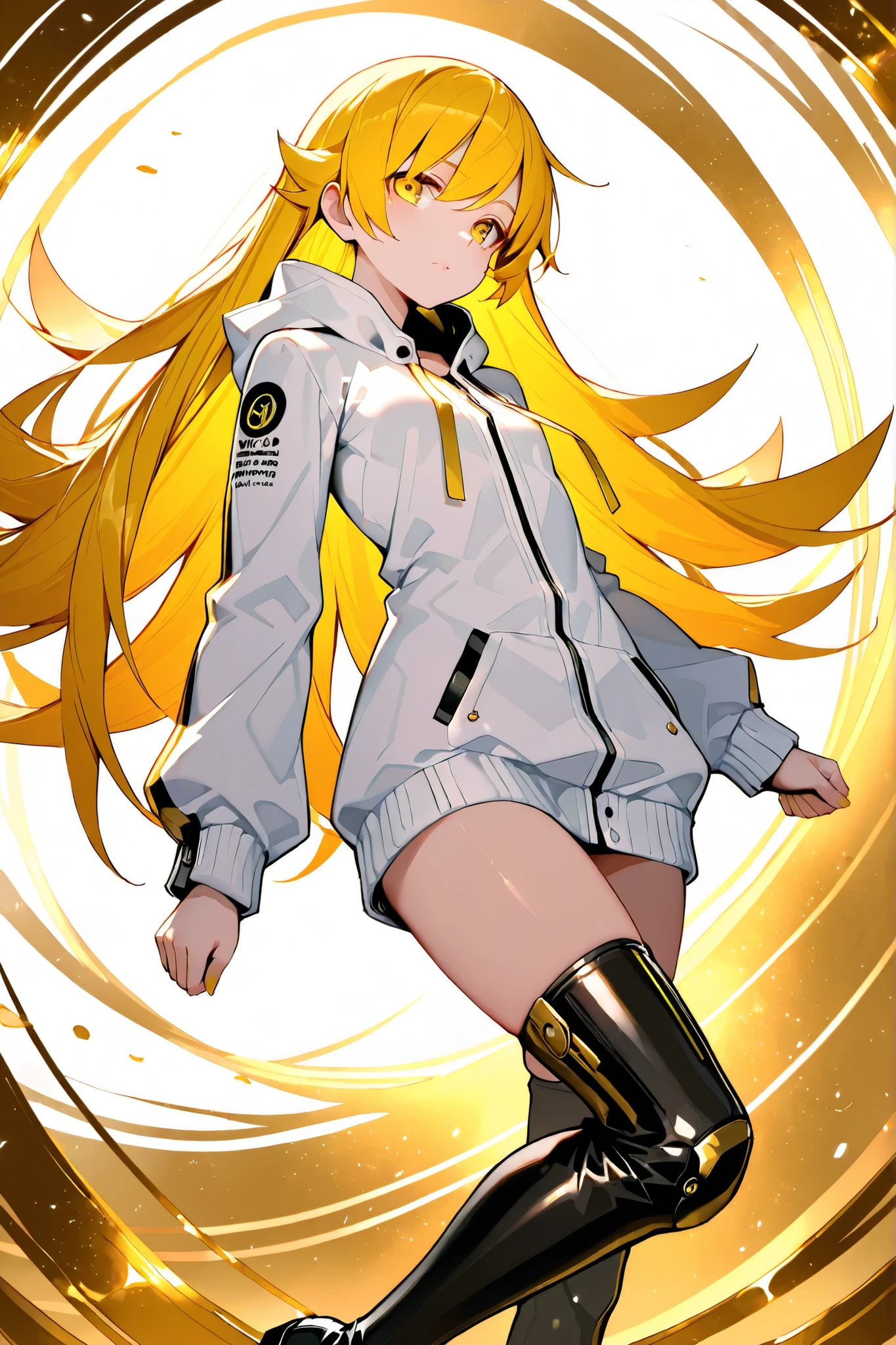 Anime, Girl, (((1girl))), (((Waifu, Oshino Shinobu Waifu))), (((Vivid Yellow Hair, Long Hair))), ((Golden Yellow Eyes eyes, Detailed Eyes)), (Detailed Body, Detailed Face, Slim Face), Human Ears, Dramatic Pose, [(((Gold and White Color Scheme))), Thigh-high boots, Long-Sleeved Hoodie, Techwear, Aura of Golden Light], (masterpiece:1.2), (best quality:1.2), (very aesthetic:1.2), (absurdres:1.2), (detailed background), newest, intricate details,