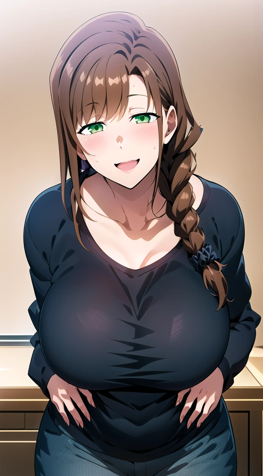 1girl, solo, long hair, looking at viewer, smile, open mouth, large breasts, brown hair, shirt, long sleeve, loose shirt, hair ornament, green eyes, collarbone, braid, pants, black shirt, single braid, scrunchie, hair over shoulder, hair scrunchie, mature female, wide hips, bare abdomen, Plump.