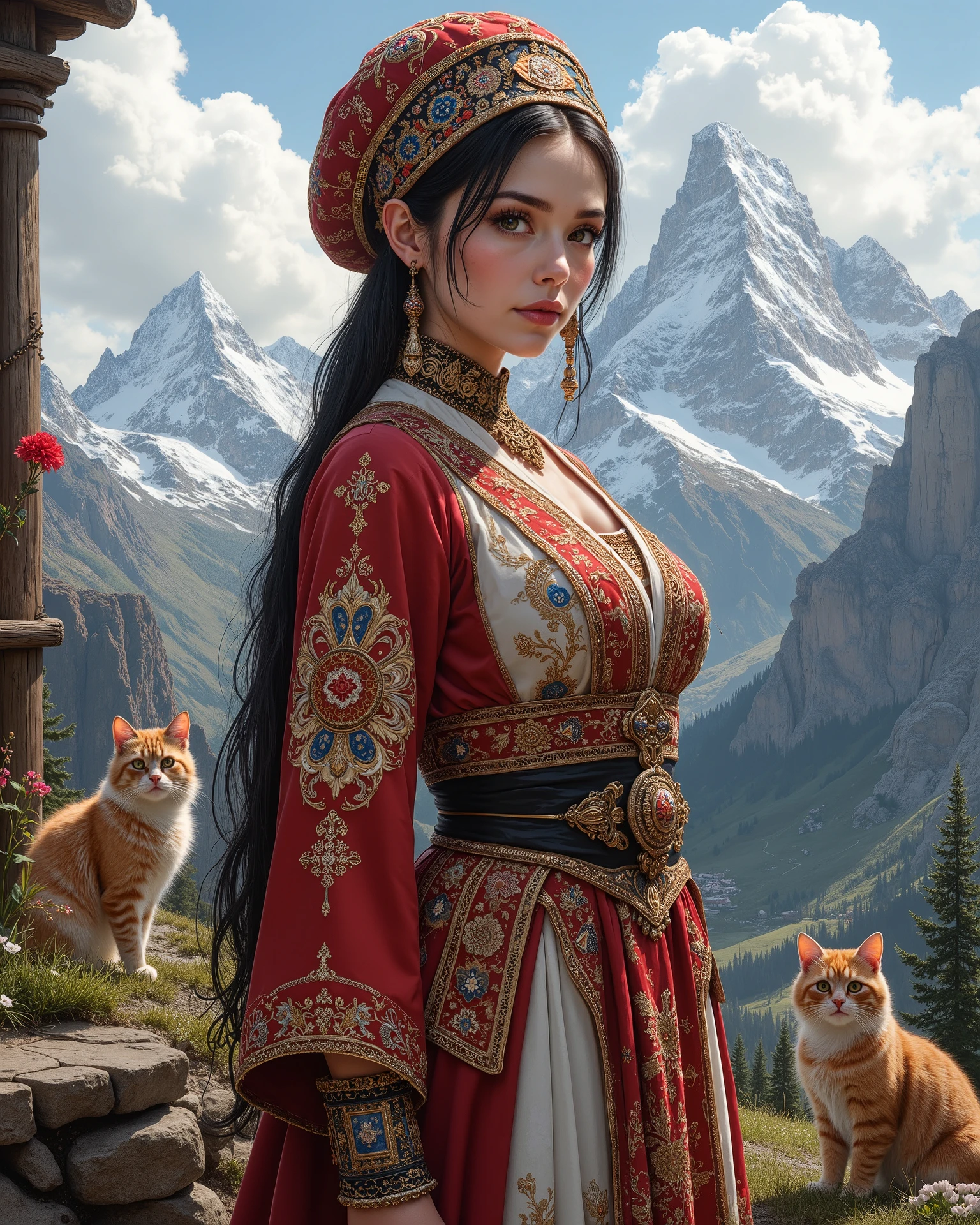 A beautiful Russian woman donning a traditional Caucasian costume and stands in a top of Caucasian Mountains, intricate scene, cats, objects and other characters, drawn digitally by color comic master Don Lawrence, award winning professional masterpiece Illustration, in hyper realistic style, anatomically correct, Super detail, best quality