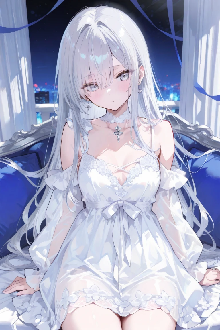 女の子1人、Masterpiece、top-quality、Delicate and beautiful、white hair、Beautiful and delicate long hair、Long veil、爆乳、Delicate and beautiful white lace dress、Bejeweled dress、Beautiful garnet-colored eyes、Enchanted breasts、Enchanted thighs、Delicate and beautiful flower garden、It's snowing in the shimmering snow、moonlight、nigh sky、Beautiful lace ribbon、Ephemeral atmosphere、Gentle expression、Delicate and fine、4K、high-level image quality