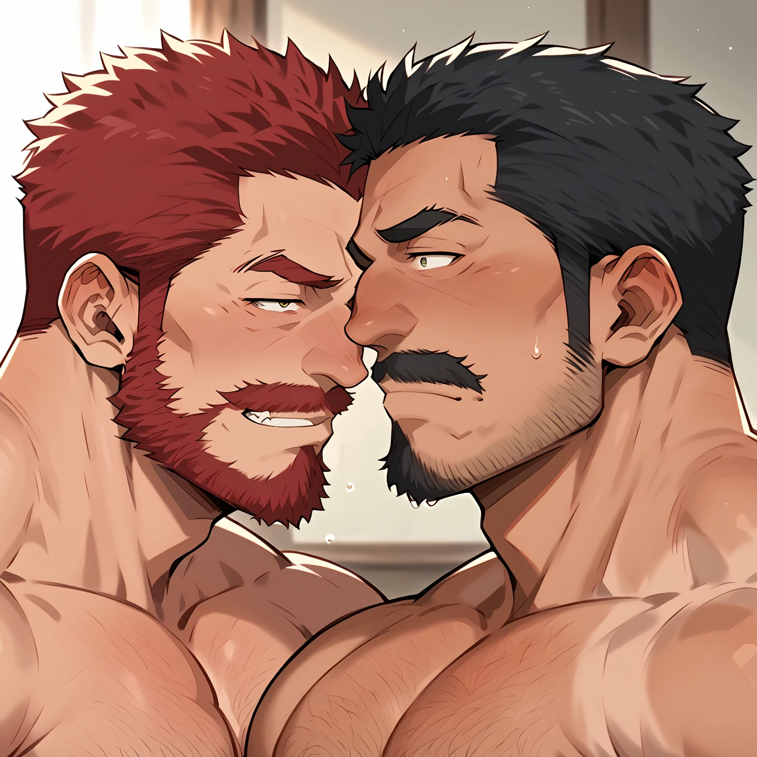 A slender, beautiful boy and a macho man with a moustache are kissing