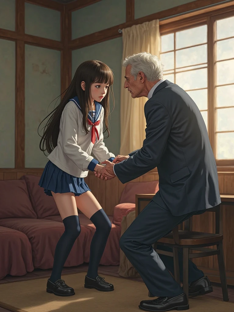 ((Grandfather has his  granddaughter on his knees.)). ((Grandfather kissing granddaughter on the mouth)), The granddaughter is attractive. ((rubio)), thin face of a top model, in school outfit, she is  and ((grandfather puts his hand on the girl&#39;crotch)) ((in front of grandfather)). side view , long legs, black platform high heels, Full body photo, school girl, ((grabddaughter is on knees)), sexual, ((grandfather lifts granddaughters skirt))((grandfather touches granddaughters underwear)),