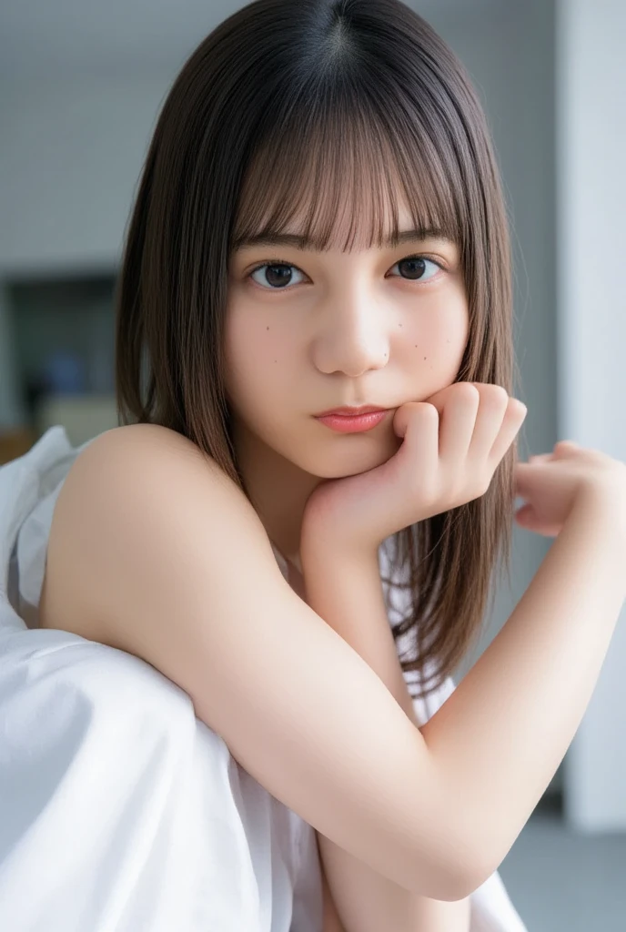 masutepiece, Best Quality, 8K, 10yaers old, Teen, Raw photo, absurderes, award winning portrait, Smile, Solo, Idol face, Delicate girl, Upper body, Digital SLR, Looking at Viewer, Candid, Sophisticated, Thin arms, Professional Lighting, Film grain, chromatic abberation, (Eyes and faces with detailed:1.0), (Bokeh:1.1) , Distant perspective , bed , laying on back , Perspective from above , closes mouth , Sailor Uniform , A dark-haired , Disheveled average average chest , Only the left breast is visible.