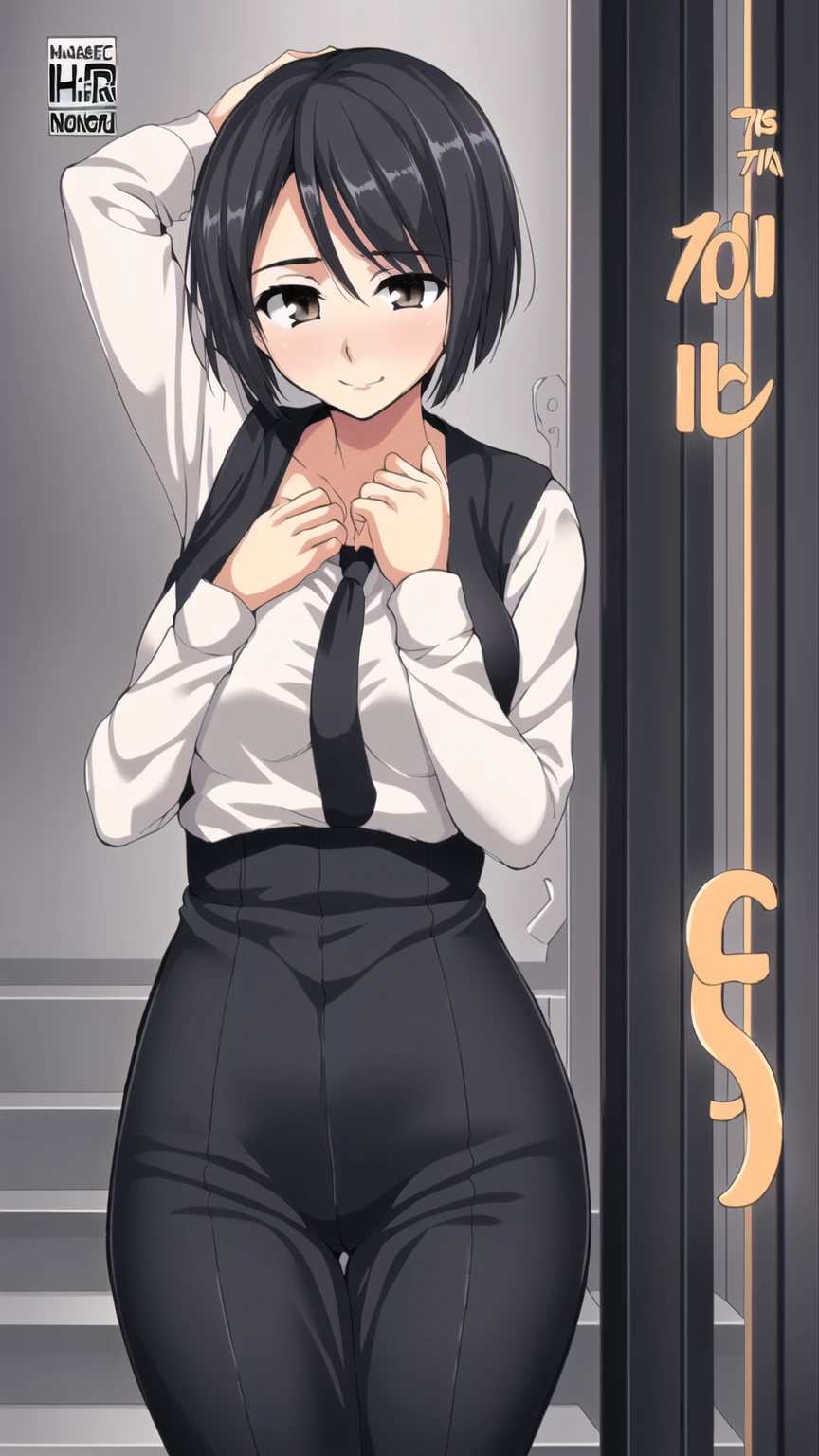highest quality, High resolution, 1 girl, focus only, (beautiful chest:1.2), it is in it, Topless, black pants, blush, embarrassing, short hair black hair titty fuck