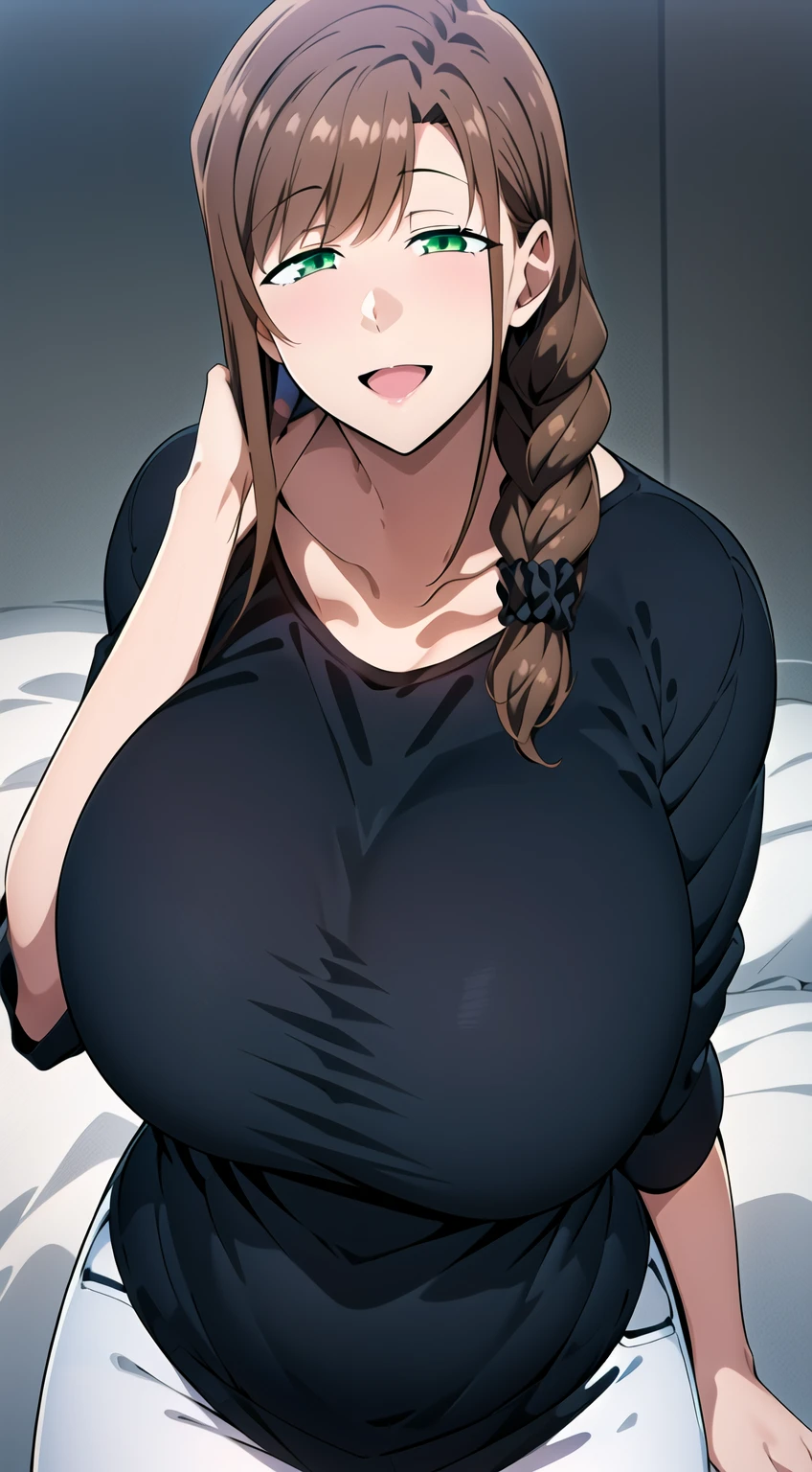 1girl, solo, long hair, looking at viewer, smile, open mouth, large breasts, brown hair, shirt, long sleeve, loose shirt, hair ornament, green eyes, collarbone, braid,white pants, (((black shirt))), single braid, scrunchie, hair over shoulder, hair scrunchie, mature female, wide hips