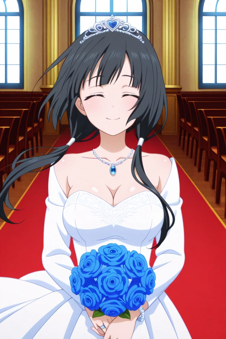 (masterpiece, Highest quality), One girl,    Yunyun,Long Hair,Braiding,Twin tails,Hair between the eyes,Red hair ribbon,hair ornaments,large round breasts,、Black Hair、Red Eyes、(A happy face with tears in its eyes:1.2)、indoor、Crown Blade,(white prom dresses:1.5)、(blush:1.5)、cowboy shot