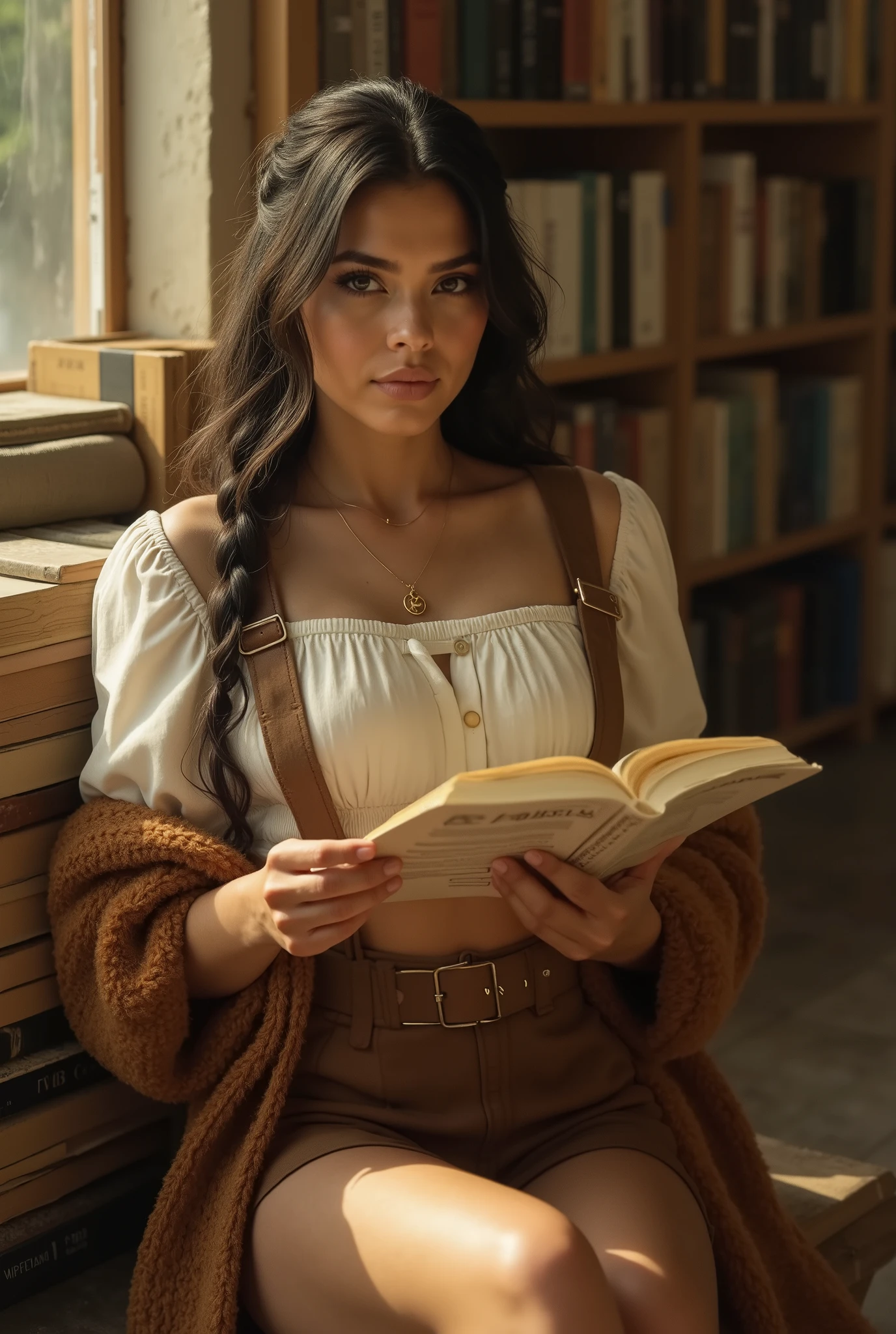 [Indoor portrait in a warm, vintage-style local bookstore | Natural golden light streams through tall old windows, casting soft glows and gentle shadows across the scene | The air feels still and nostalgic, filled with the quiet presence of stories and dust motes dancing in the sunlight]

[The model, a stunning young Latina woman with long dark brunette hair, wears her hair styled in a loose, slightly tousled braid that drapes gently over one shoulder | Soft tendrils of hair frame her face, giving her a poetic, effortlessly elegant look]

[She’s dressed in a timeless autumn-inspired outfit: a crisp ivory blouse with subtle ruffles, tucked into a high-waisted chocolate brown mini skirt with wide suspenders and a statement belt | Draped over her shoulders is a long, cozy brown coat that adds texture and warmth to her silhouette | Delicate gold jewelry glints subtly at her neck and wrist]

[She is seated casually by a tall stack of weathered books, absorbed in reading a small paperback titled DREAMER | One leg crossed over the other, posture relaxed yet poised, she’s entirely immersed in the moment — surrounded by the smell of old paper and whispers of untold stories]

[Her expression is soft, thoughtful, lips parted slightly in quiet focus as stares at the camera | The environment is filled with rows of leaning shelves, stacks of mismatched novels, and warm muted colors — a perfect setting for a dreamy, romantic, bookish aesthetic]

[Aesthetic: vintage academia, cozy intellectual chic, fall palette, poetic solitude, soft romantic lighting, quiet self-reflection]