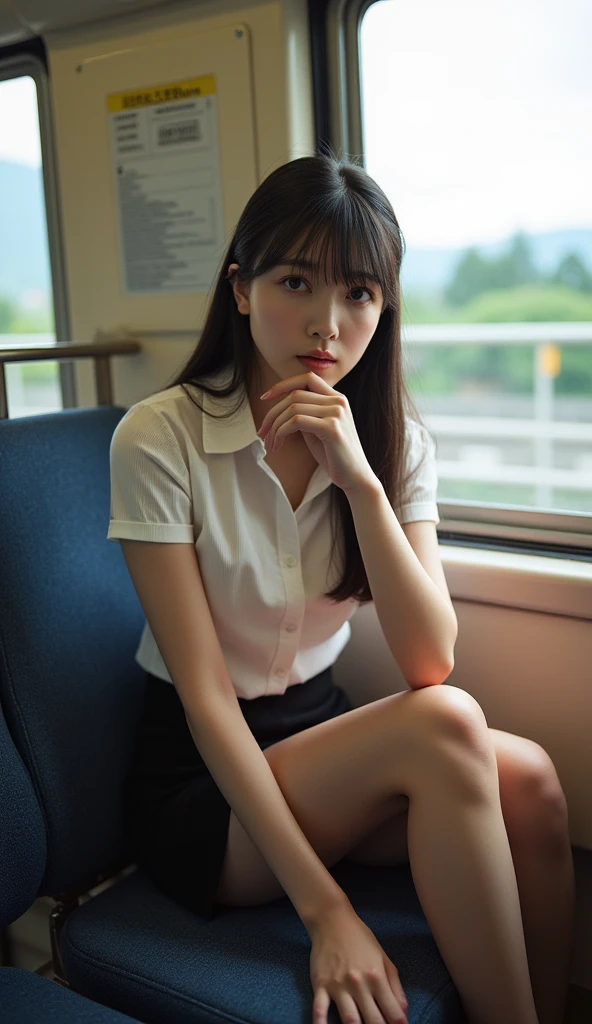 (masterpiece, Highest quality, 8k, RAW Photos, beautifully、aesthetic:1.2), Intricate details, indirect lighting, Realistic,
whole body, Sitting on a chair on the train、Staring at the viewers、Voyeur, (Ultra-realistic pantyhose)、
Training women , Chair to sit under skirt,Ultra mini skirt、gauze,Cowboy Shot, One 32-year-old, smile, Brown Hair, Overlooking, Celebrities