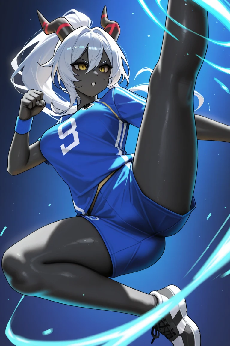 I (The view is from very close below:1.5), ((standing split:1.4)), ((standing on one leg)),((leg up)), Look Down,
Rumi Usagiyama, long hair, animal ears, white hair, rabbit ears, dark-skinned female, muscular,
rabbit girl, muscular female, (red eyes:1.5), (parted bangs:1.5), (complete anatomy),
High resolution,Sharp focus,(Super detailed,Very detailed),(Very detailed CG unity 8k wallpaper),(((Vibrant colors))),{best illustration},
Complex eyes,Beautiful Eyes,Symmetrical eyes,Big eyes:1.5,Seductive eyes, (((dark skin,dark_skin,lustrous skin:1.5,bright skin: 1.5,
skin tanned, shiny skin,very shiny skin,Shiny body,plastic glitter, skin,exaggerated shiny skin,illuminated skin))),Perfect Fingers,
(Detailed body),(Detailed face)), cute,Lewd,erotic,Bold,Camel Toe,Revealing clothing,show skin,
(Huge hips:1.1),(Huge breasts, Glamour:1.2),
thighhighs, gloves, sleeveless, white gloves, leotard, turtleneck, high leg, high leg leotard, fur collar, sleeveless turtleneck,
turtleneck leotard, sleeveless turtleneck leotard, crescent print,
Arrogant look, Domineering smile, Baring teeth,