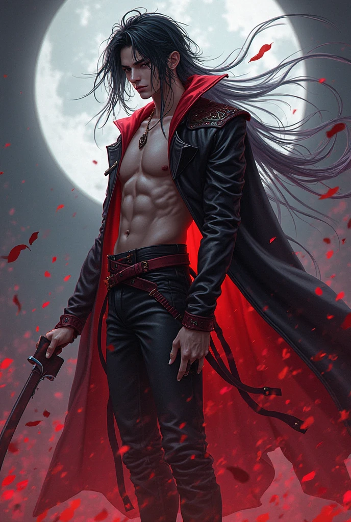 absurdres, highres, ultra detailed, HDR, master piece, best quality, Eiden, brown hair, expressive brown eyes, Nu Carnival, solo, sexy man, handsome, horny, lewd, demon, horns, black leather clothes, red cape, accessories, showing the chest, red sky, red moon, red trees, red spider lilies, fantasy, dark magic, magical