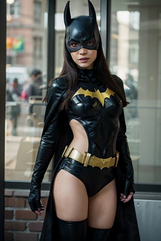 photos D' : cute brunette, tall and slim. she wears a black realistic complete Batman costume. she is standing ,we can see her entirely. she smiles. she is in Gotham city.