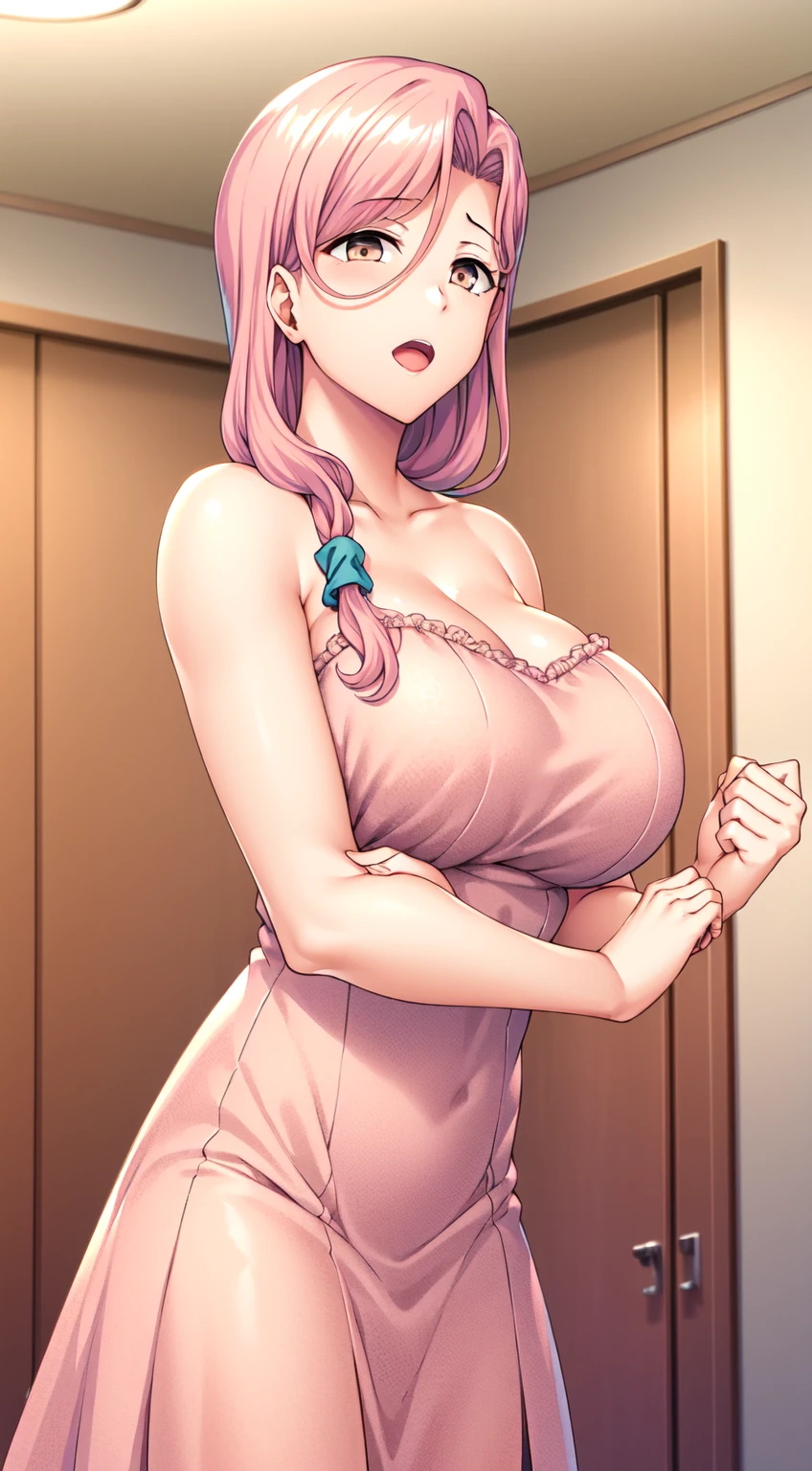 1 Girl，solo，Jewelry，Pink Hair，Chest，Headdress，blue eyes，bracelet，necklace，dress，Long hair，Cleavage，Looking at the audience，Smile，发flower，Hair Bun，白色dress，大Chest，flower，Headband，Vague背景，Vague，Bangs