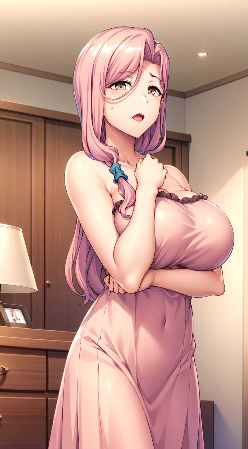 niigaki hina, (wearing nothing:1.5), large breasts, ,Slicing meat, , 1girl, ,purple hair, two-tone hair, split-color hair, pink hair, blunt bangs, very long hair, purple eyes, . 15years old , , large breasts, solo, nsfw, nipple, church, , bedroom, blue sky,, , Peeing, lactation, projectile lactation