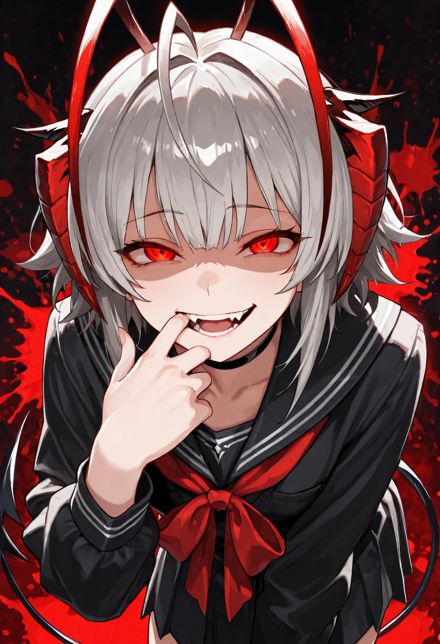 (masterpiece, best quality, high quality, highres, ultra-detailed), 1girl, wdef, demon tail, short hair, grey hair, ahoge, antenna hair, red horns, demon horns, antennae, red eyes, school uniform, choker, looking at viewer, gesugao, evil smile, finger on own mouth, pulling mouth, evil smile, monochrome, red and black, dark background, slightly open mouth, looking at viewer, horror theme, scary theme, glowing red eyes, leaning forward, wicked expression, red blood ink splash background, color ink splash effect, red and black only colours