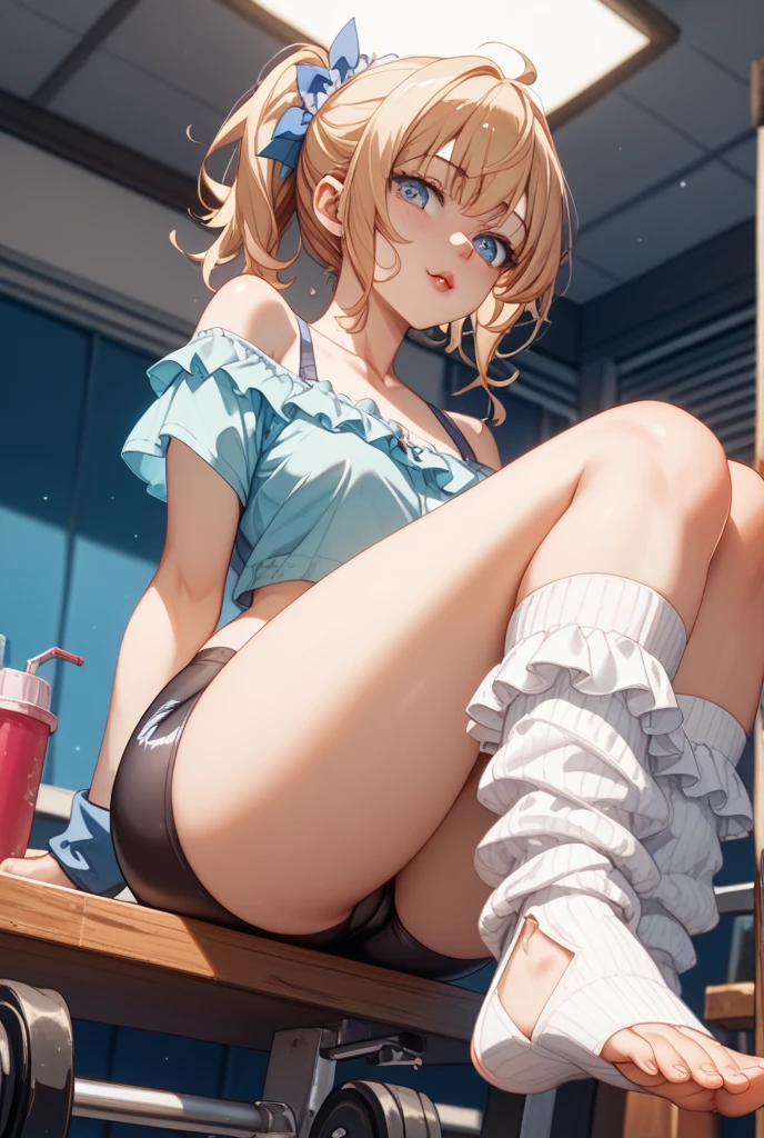 Create a masterpiece, high-quality image of a beautiful, sexy anime lofi girl with long blonde hair sitting at her gaming PC in a cozy lounge setting. She has bright blue eyes and is smiling, looking directly at the camera. She is wearing a tank top and shorts, showing her shoulder and midriff. The scene should be warm and inviting, with soft ambient lighting and comfortable seating. The gaming setup includes a high-end PC with multiple monitors, RGB lighting, and various gaming accessories. The overall atmosphere is relaxed and serene. The image should have a high resolution and be super detailed, with the girl barefoot and the setting illuminated by a small lamp, creating a sense of depth and intimacy