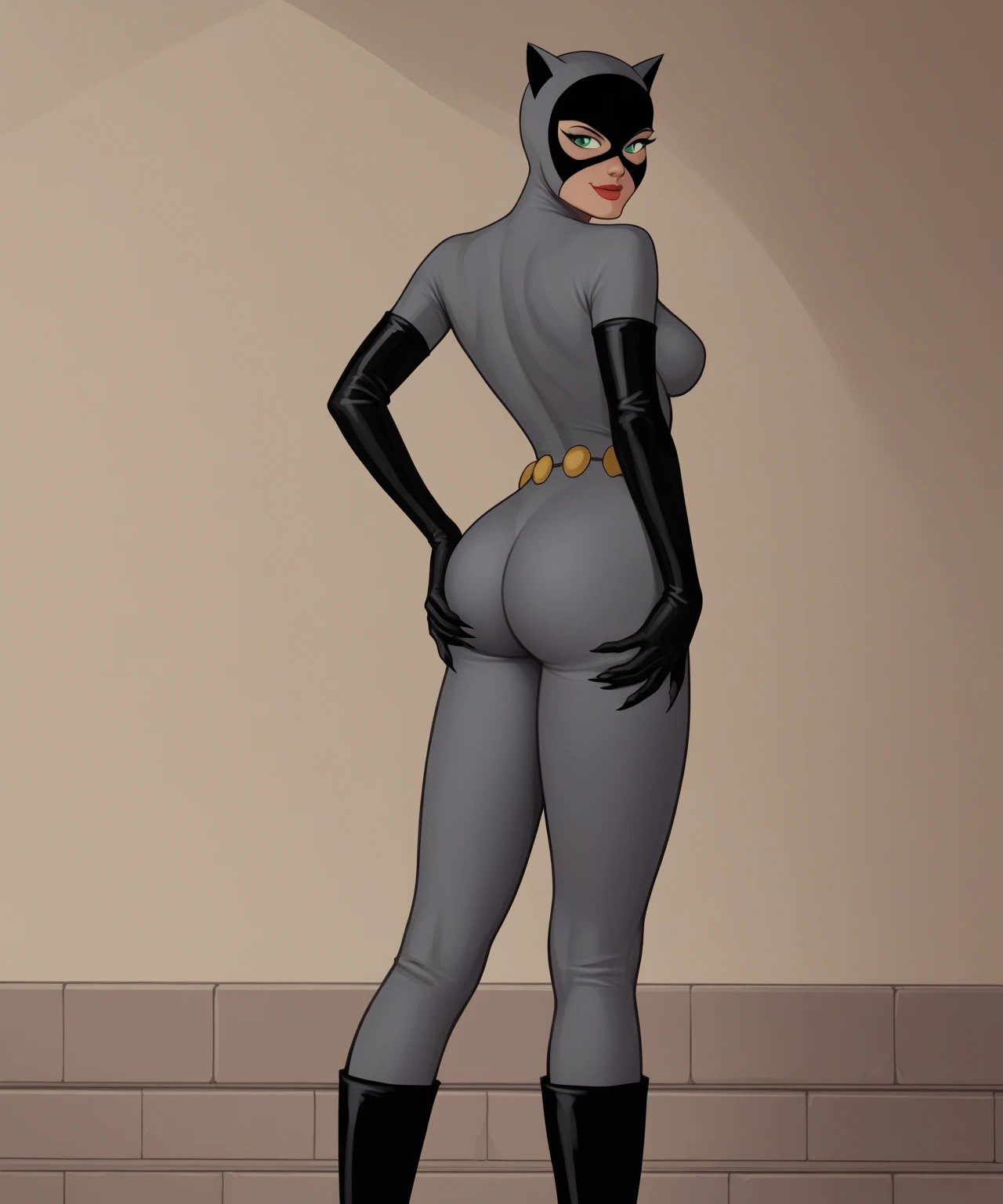 masterpiece, Best quality, Bottom view, DC Universe Catwoman, big breasts, wearing a full body suit with a cat mask, wearing gloves